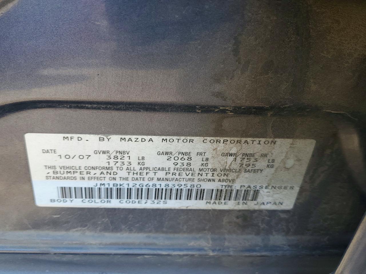 2008 Mazda 3 I Gray vin: JM1BK12G681839580