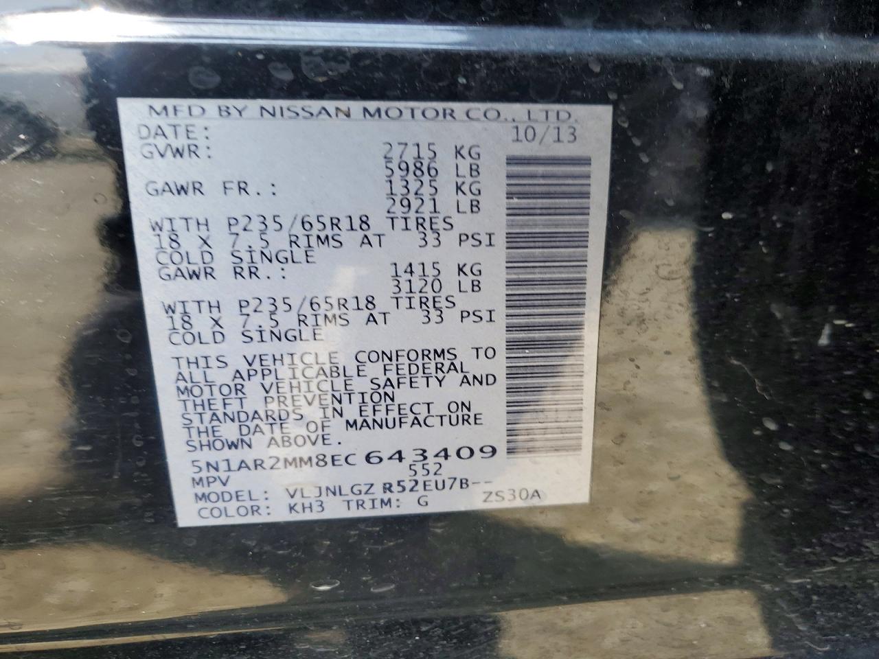 2014 Nissan Pathfinder Sl Black vin: 5N1AR2MM8EC643409
