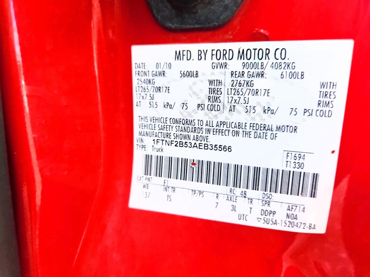 2010 Ford F250 Super Duty Red vin: 1FTNF2B53AEB35566