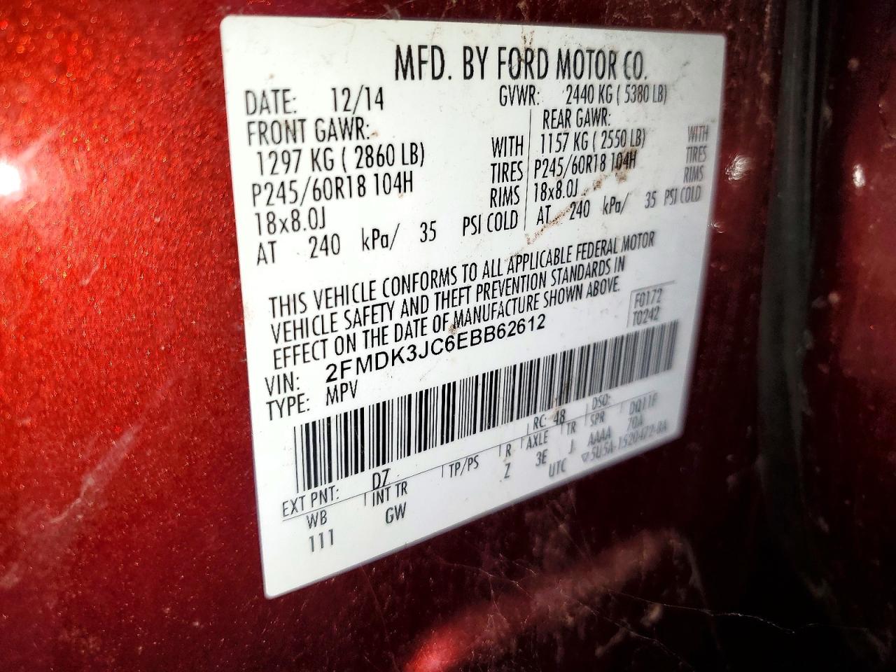 2014 Ford Edge Sel Red vin: 2FMDK3JC6EBB62612