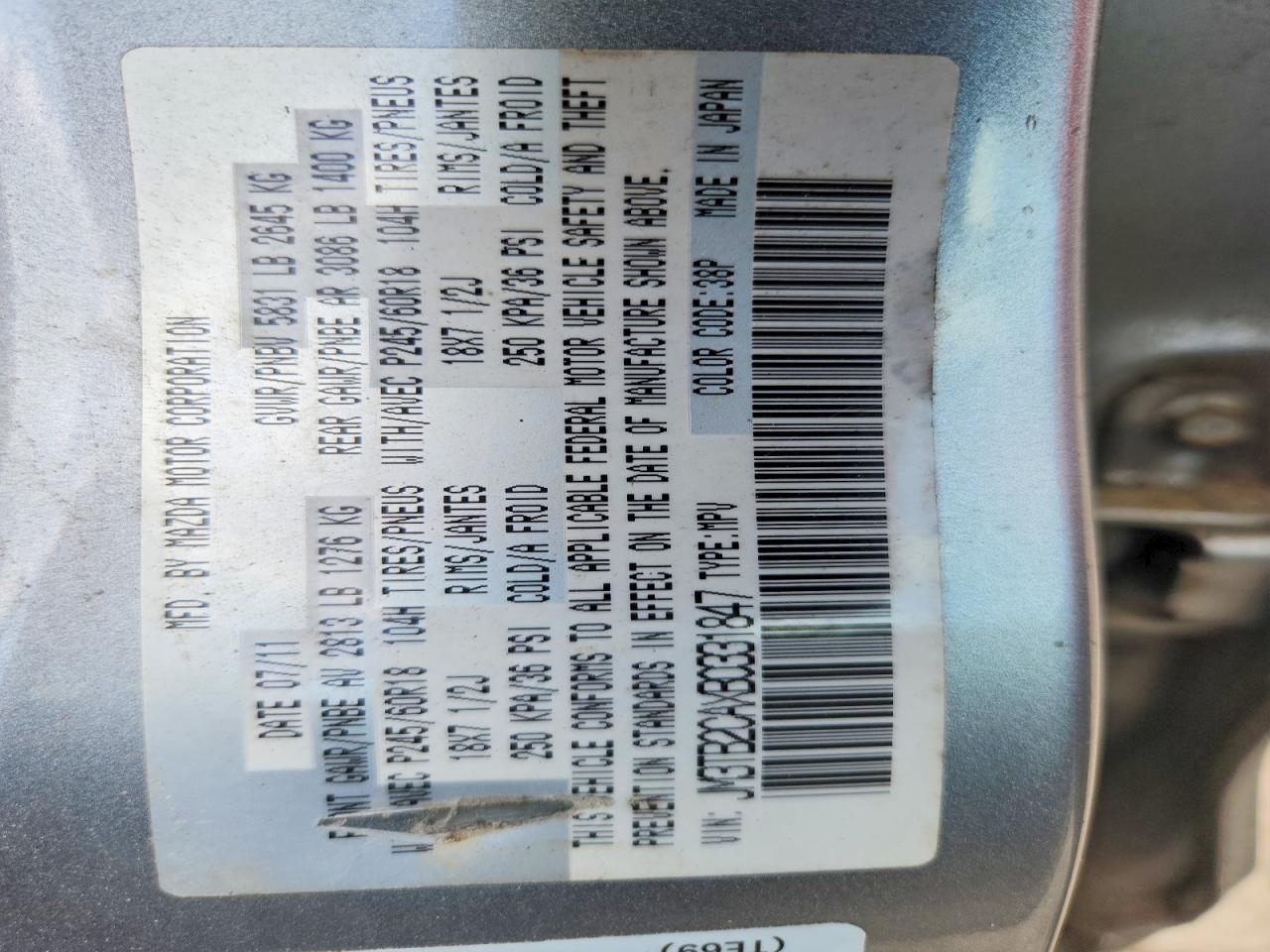 2011 Mazda Cx-9 Gray vin: JM3TB2CAXB0331847