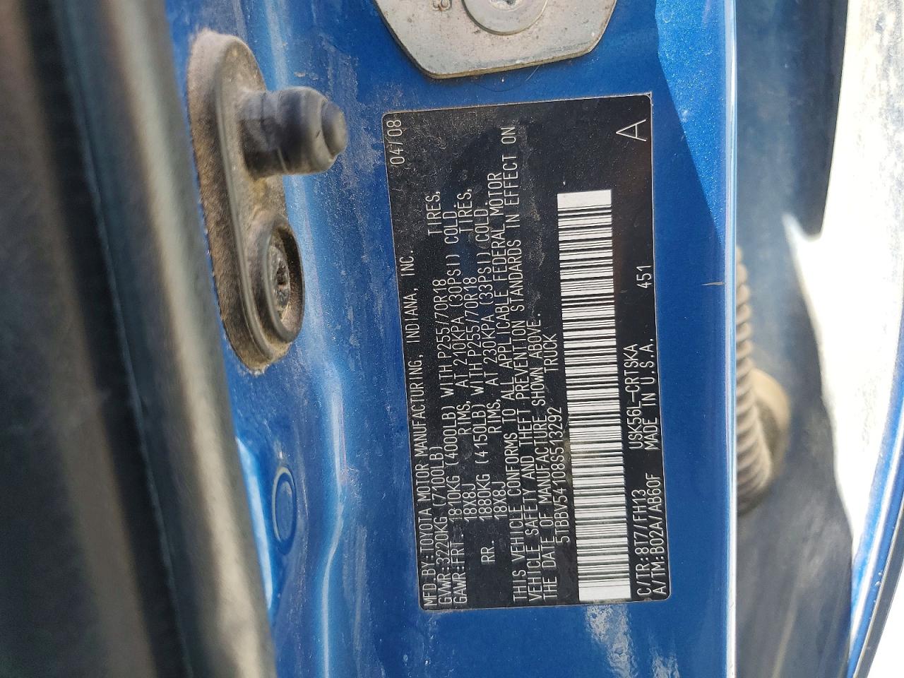 2008 Toyota Tundra Grade Синий vin: 5TBBV54108S513292