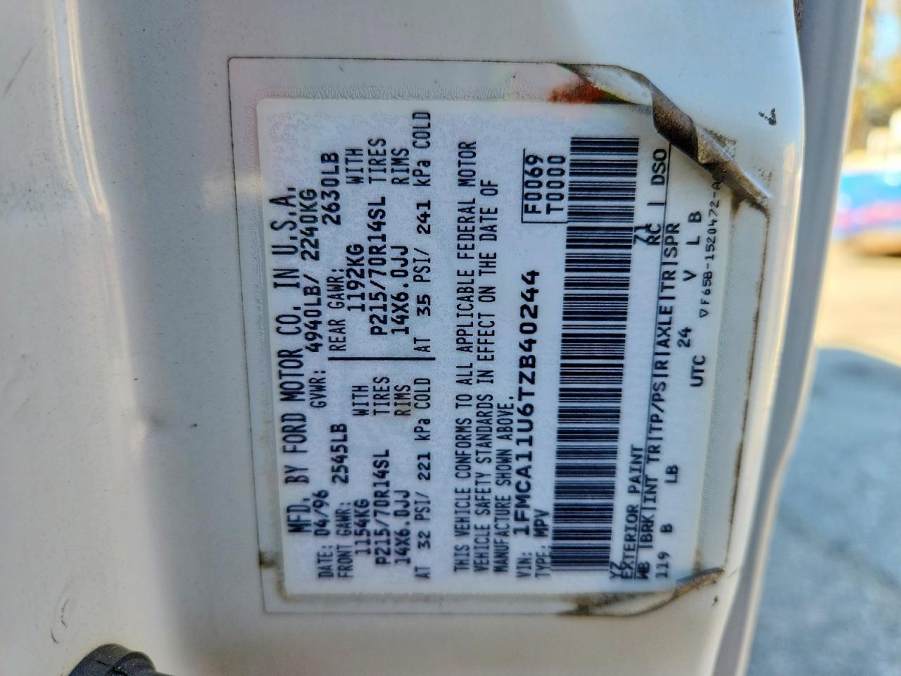 1996 Ford Aerostar White vin: 1FMCA11U6TZB40244