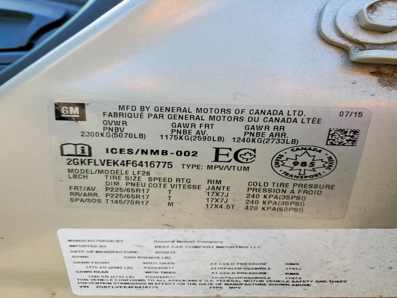 2015 Gmc Terrain Sle Gray vin: 2GKFLVEK4F6416775