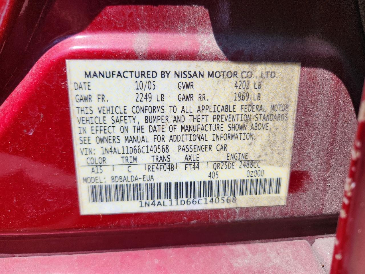 2006 Nissan Altima 2.5 Red vin: 1N4AL11D66C140568