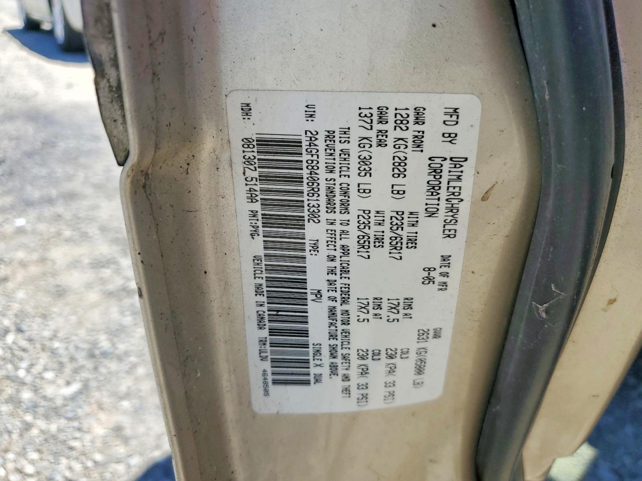 2006 Chrysler Pacifica Touring Gold vin: 2A4GF68406R613302