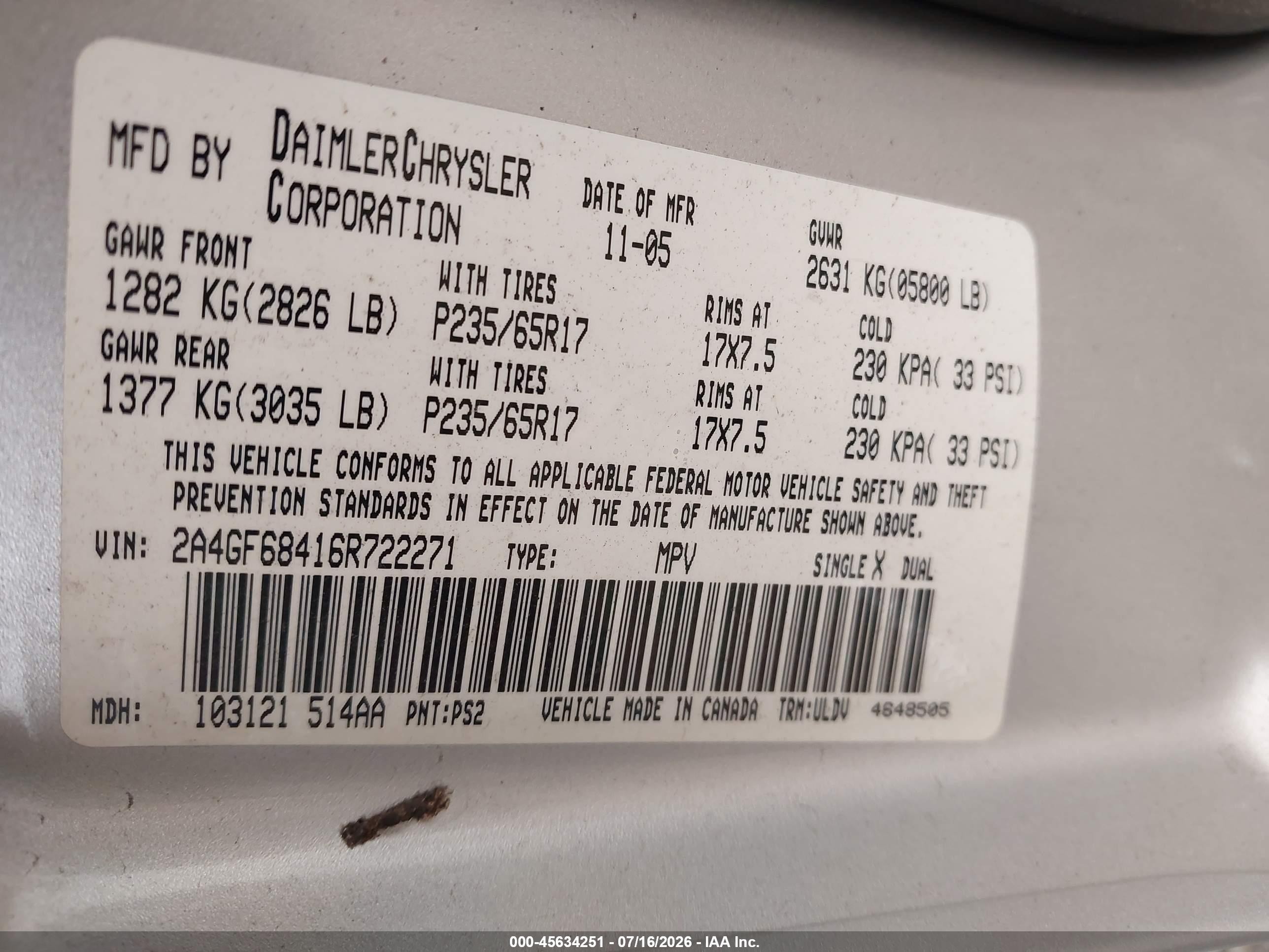 2006 Chrysler Pacifica Touring Silver vin: 2A4GF68416R722271