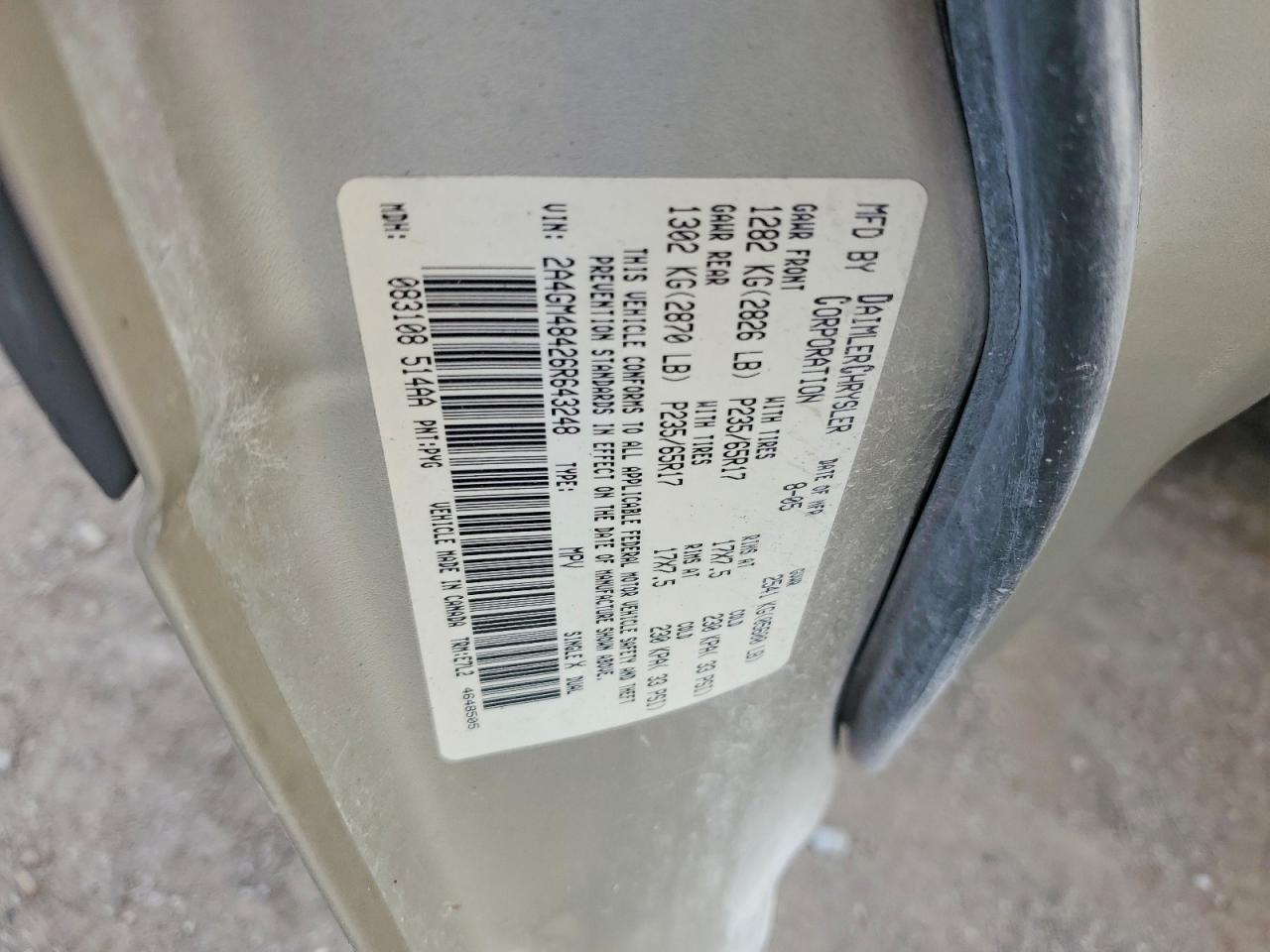 2006 Chrysler Pacifica Gold vin: 2A4GM48426R643248