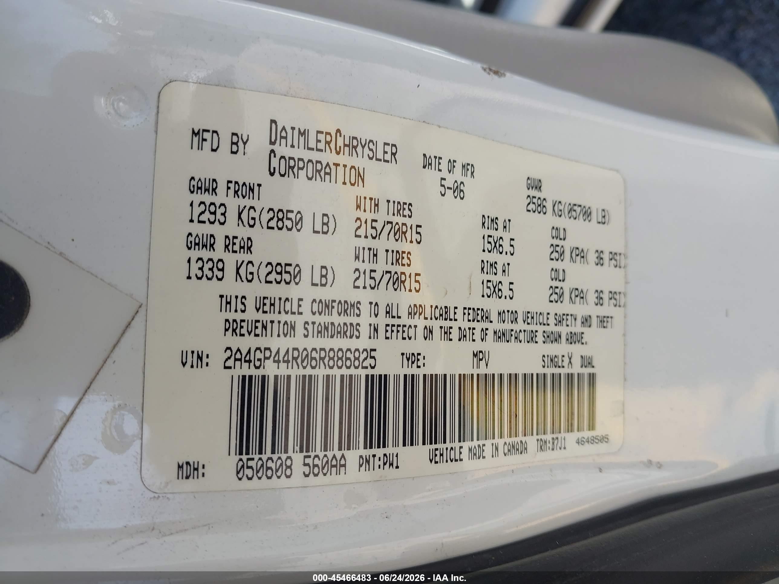2006 Chrysler Town & Country Lx Белый vin: 2A4GP44R06R886825
