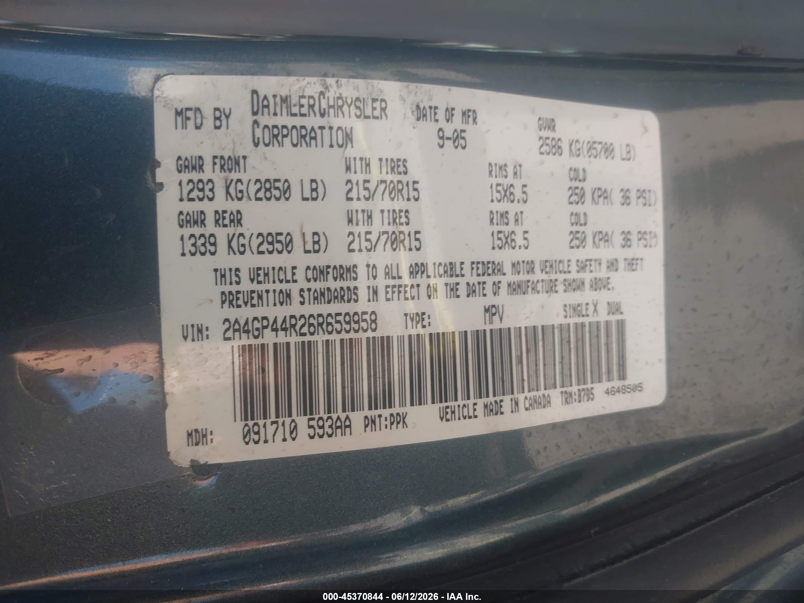 2006 Chrysler Town & Country Lx Blue vin: 2A4GP44R26R659958
