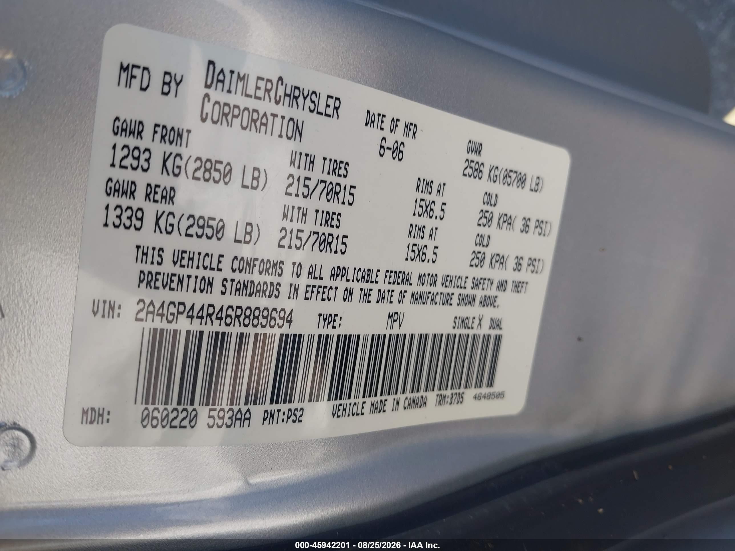2006 Chrysler Town & Country Lx Серебряный vin: 2A4GP44R46R889694
