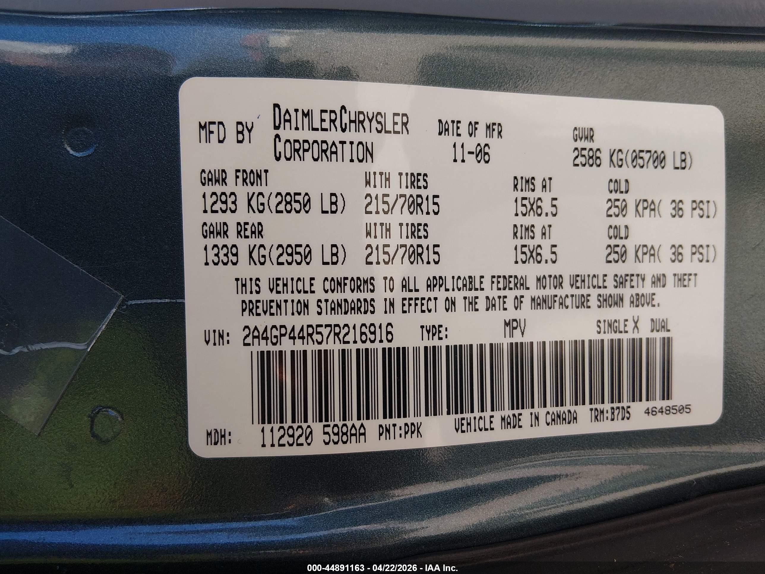 2007 Chrysler Town & Country Lx Light Blue vin: 2A4GP44R57R216916