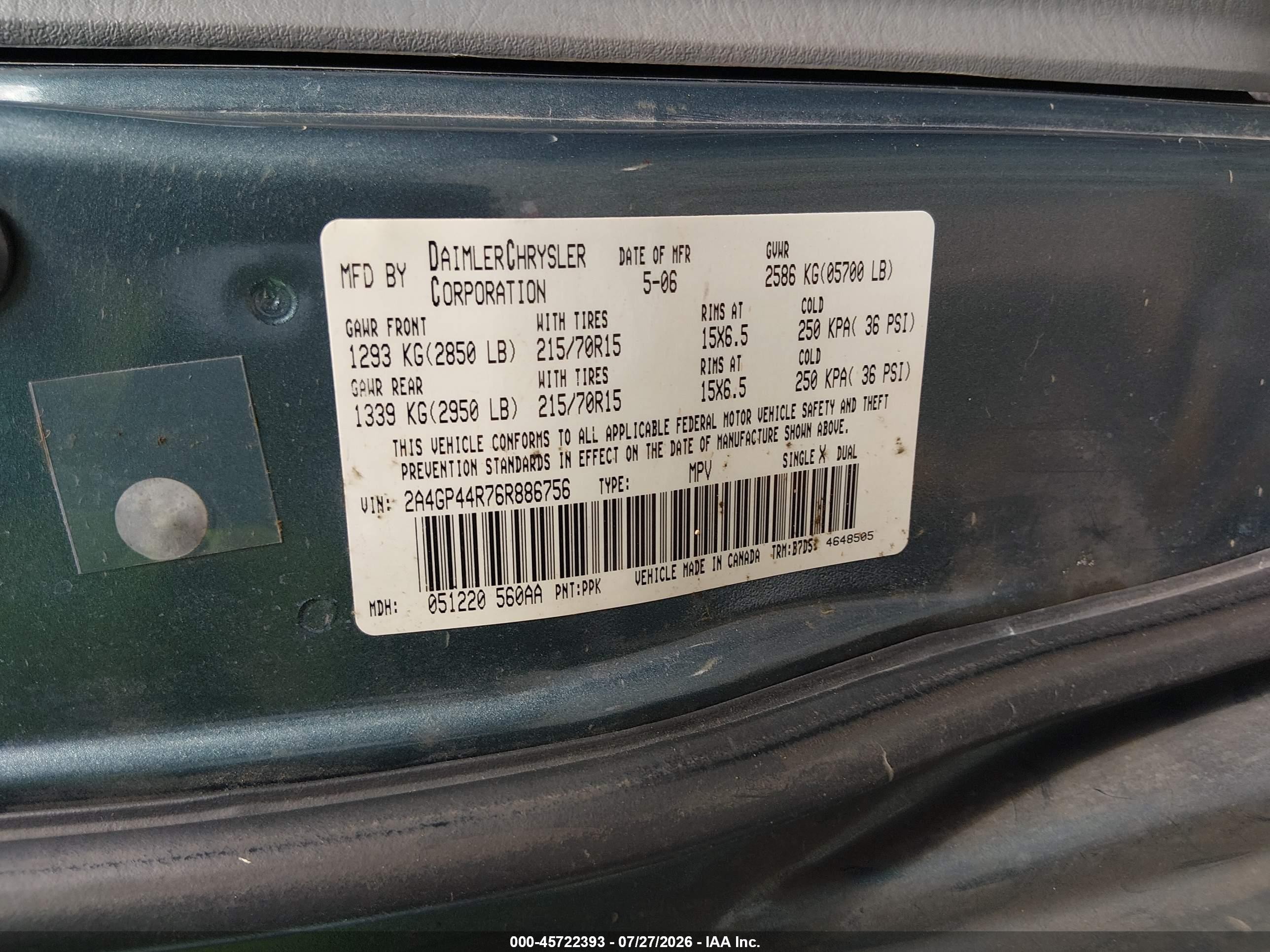 2006 Chrysler Town & Country Lx Синий vin: 2A4GP44R76R886756