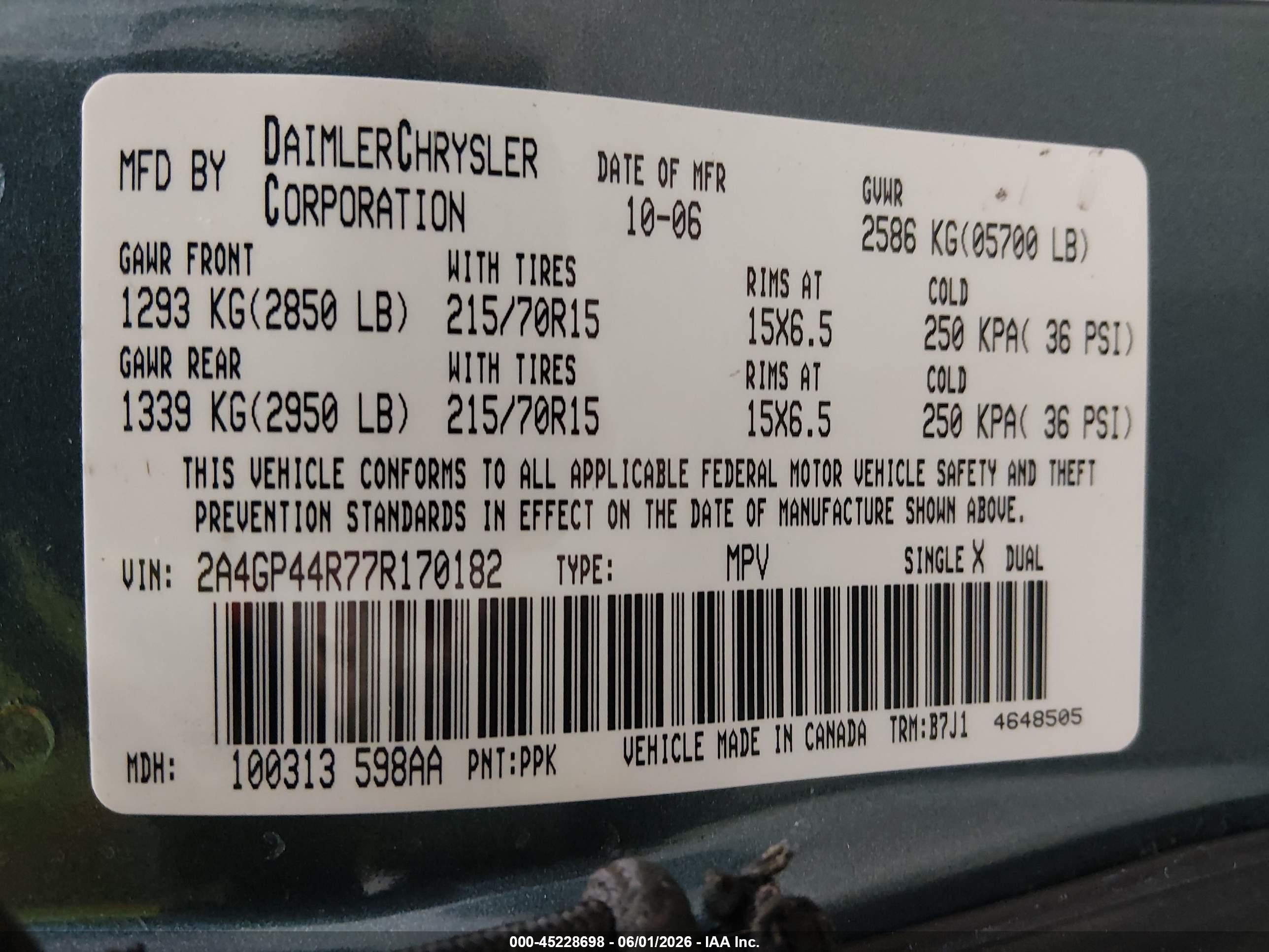 2007 Chrysler Town & Country Lx Gold vin: 2A4GP44R77R170182