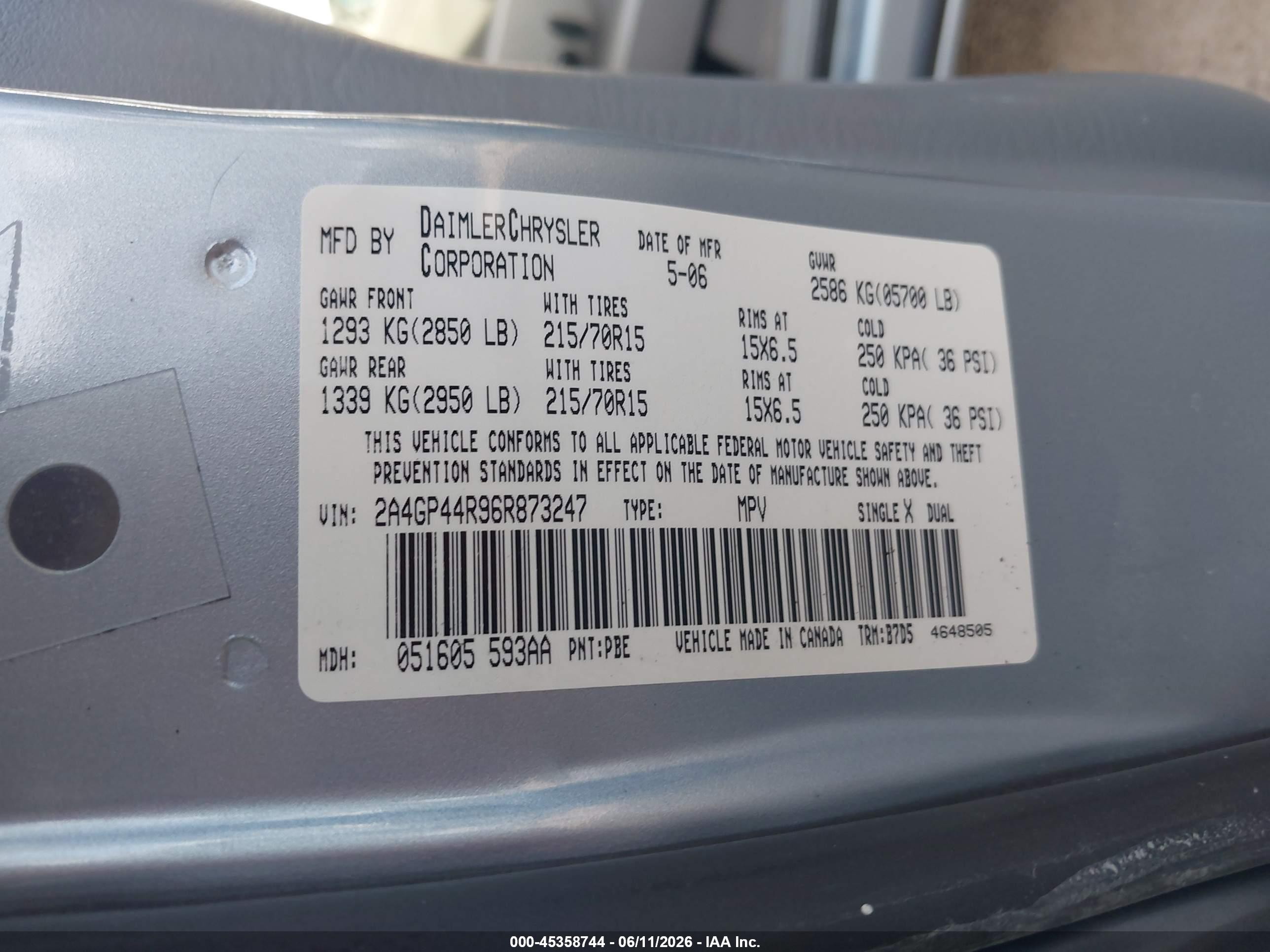 2006 Chrysler Town & Country Lx Gray vin: 2A4GP44R96R873247