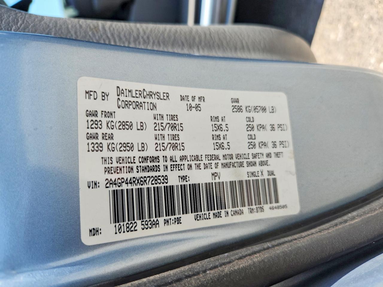 2006 Chrysler Town & Country Lx Blue vin: 2A4GP44RX6R728539