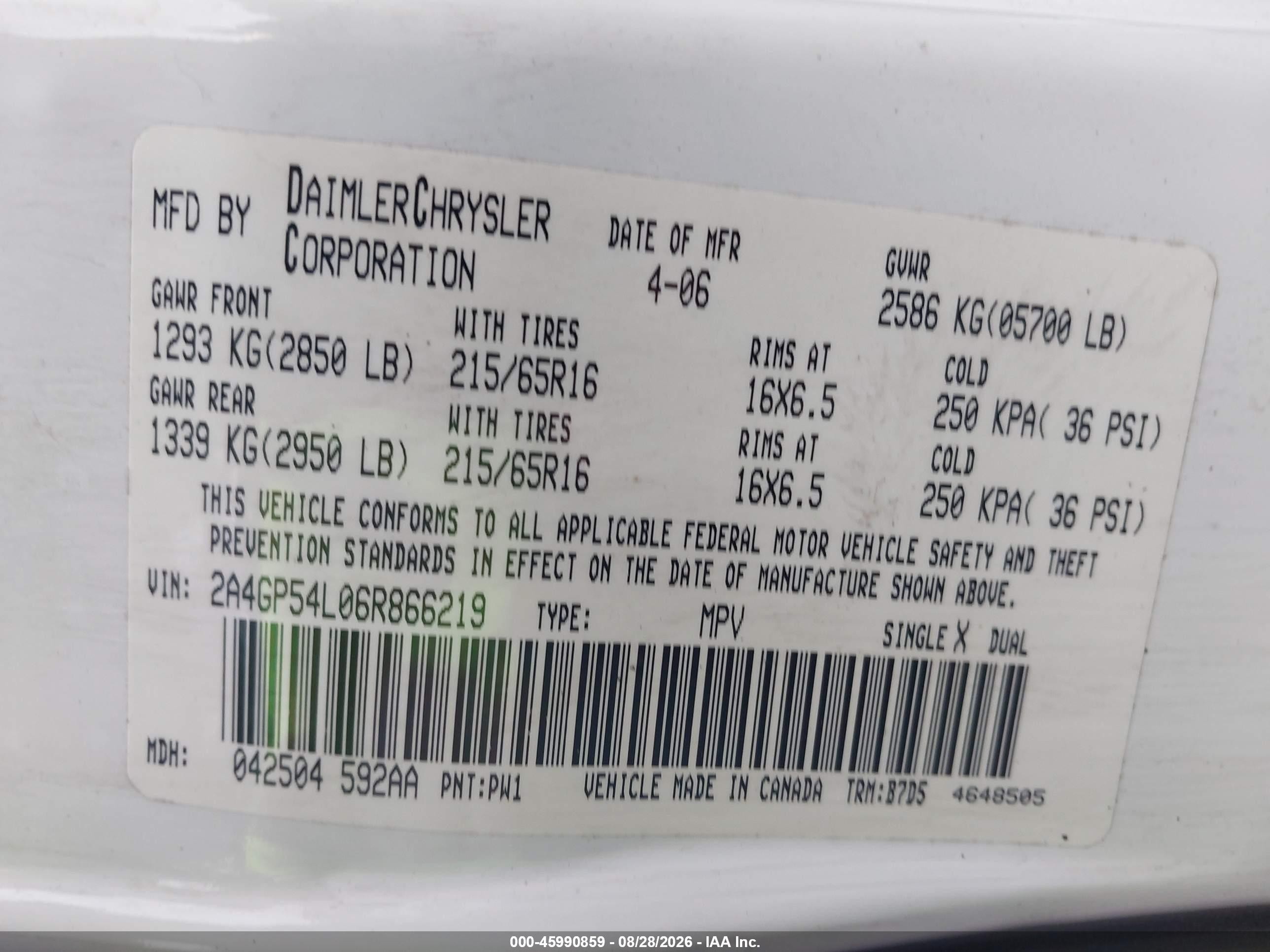 2006 Chrysler Town & Country Touring White vin: 2A4GP54L06R866219