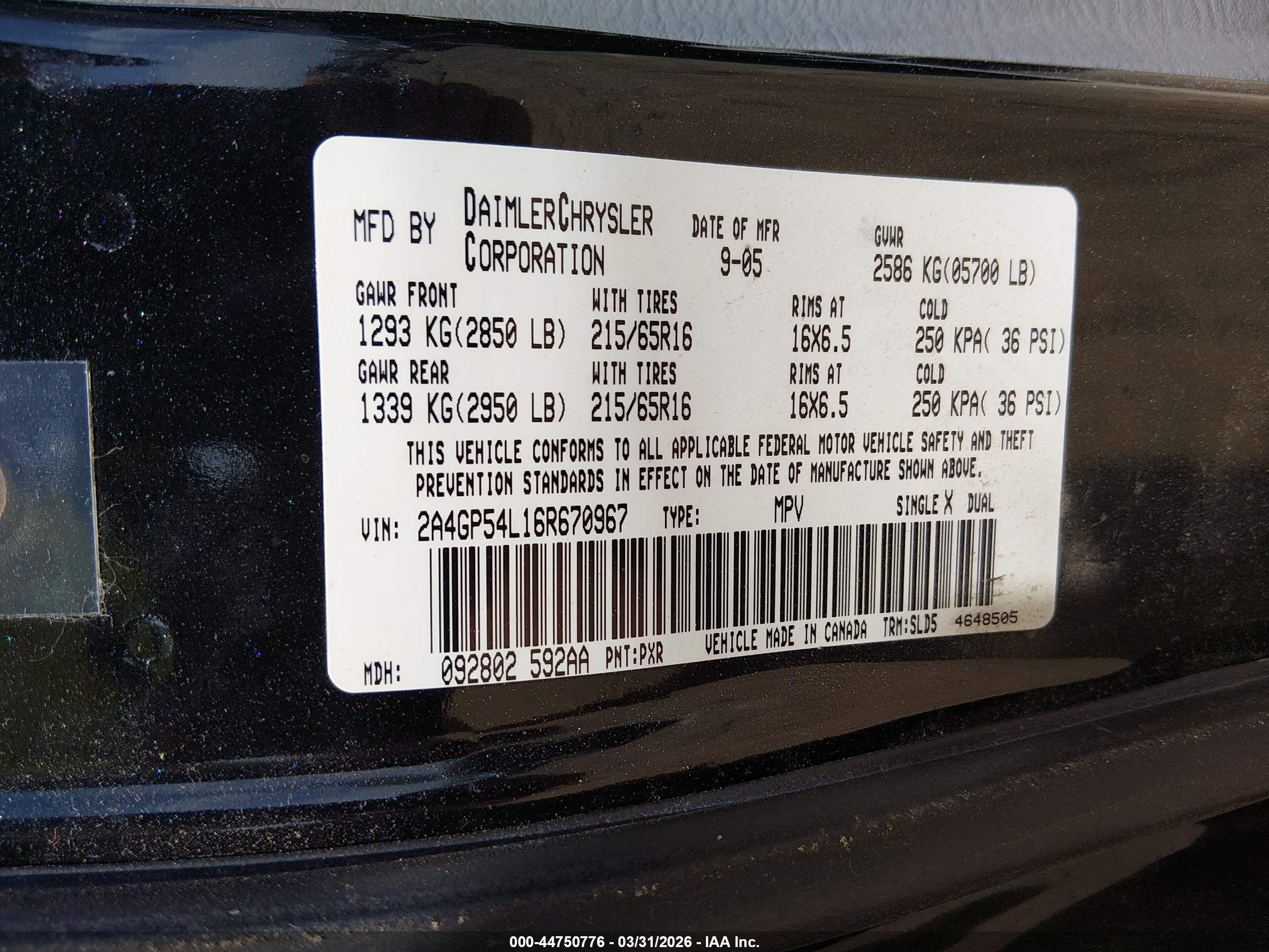 2006 Chrysler Town & Country Touring Black vin: 2A4GP54L16R670967