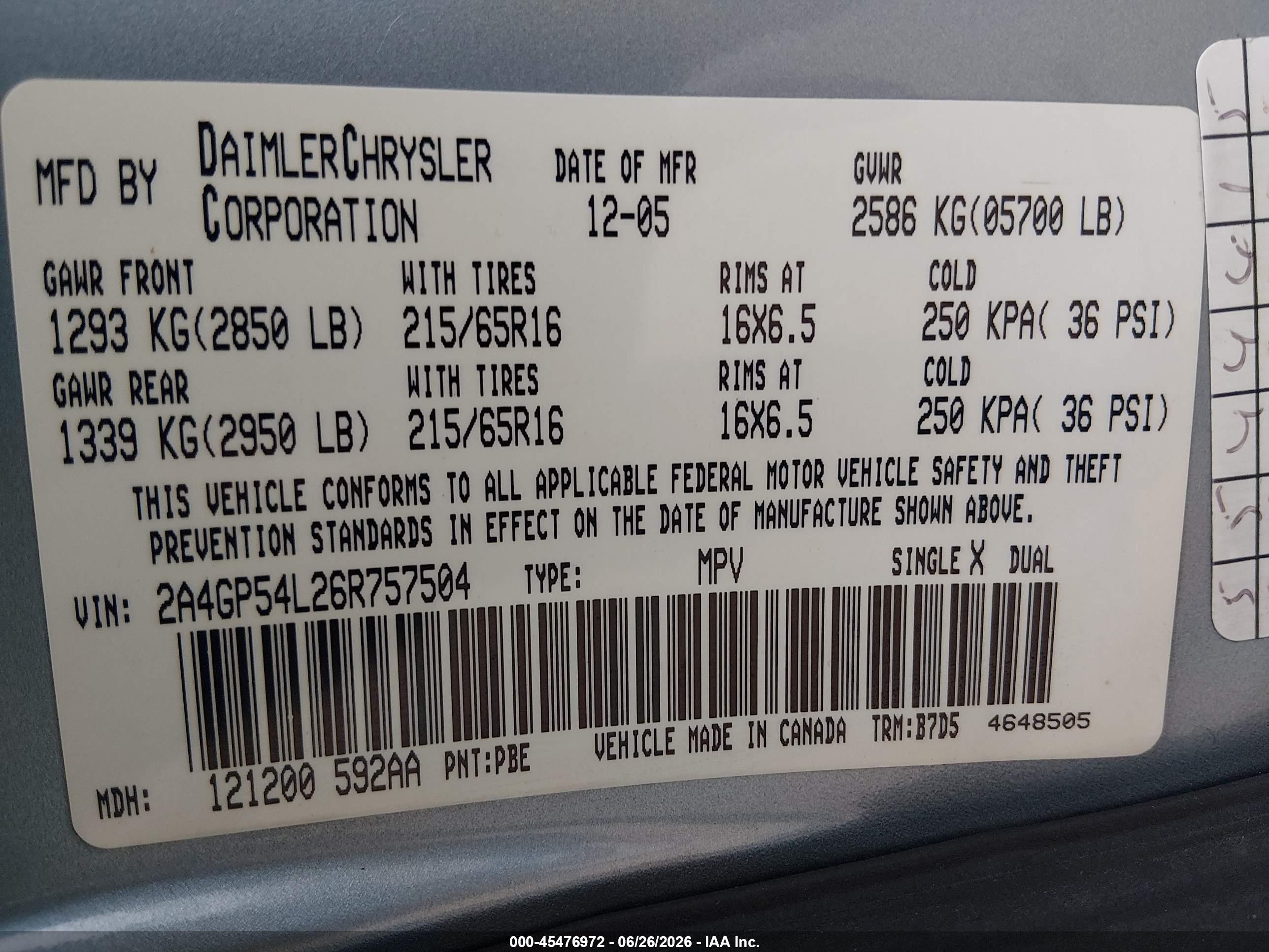 2006 Chrysler Town & Country Touring Blue vin: 2A4GP54L26R757504