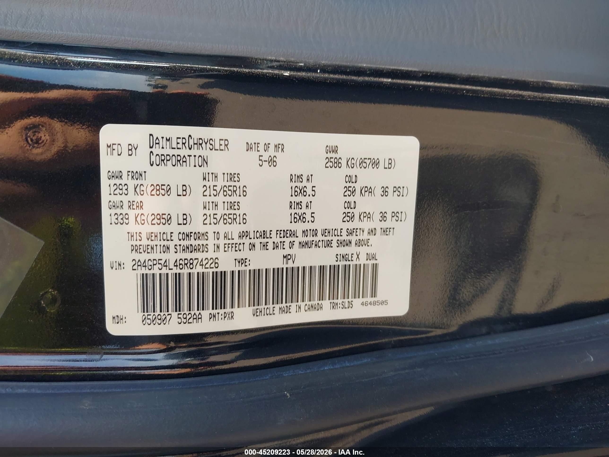 2006 Chrysler Town & Country Touring Black vin: 2A4GP54L46R874226