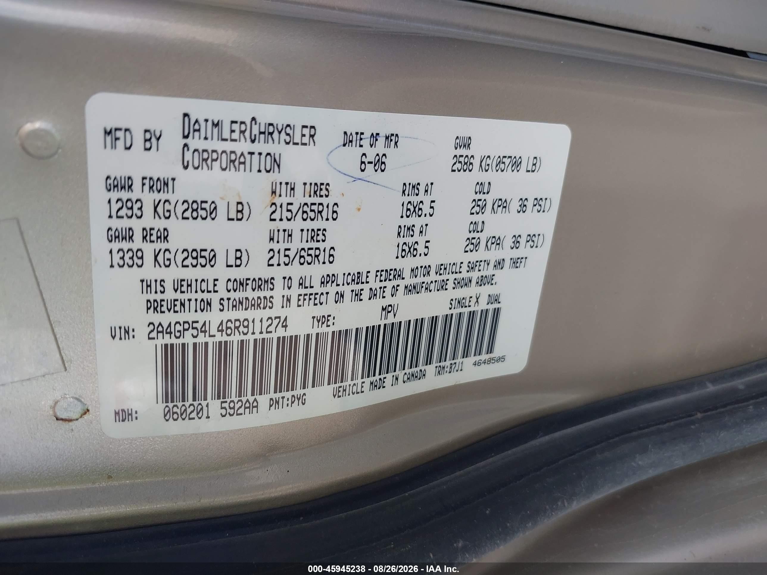 2006 Chrysler Town & Country Touring Gold vin: 2A4GP54L46R911274
