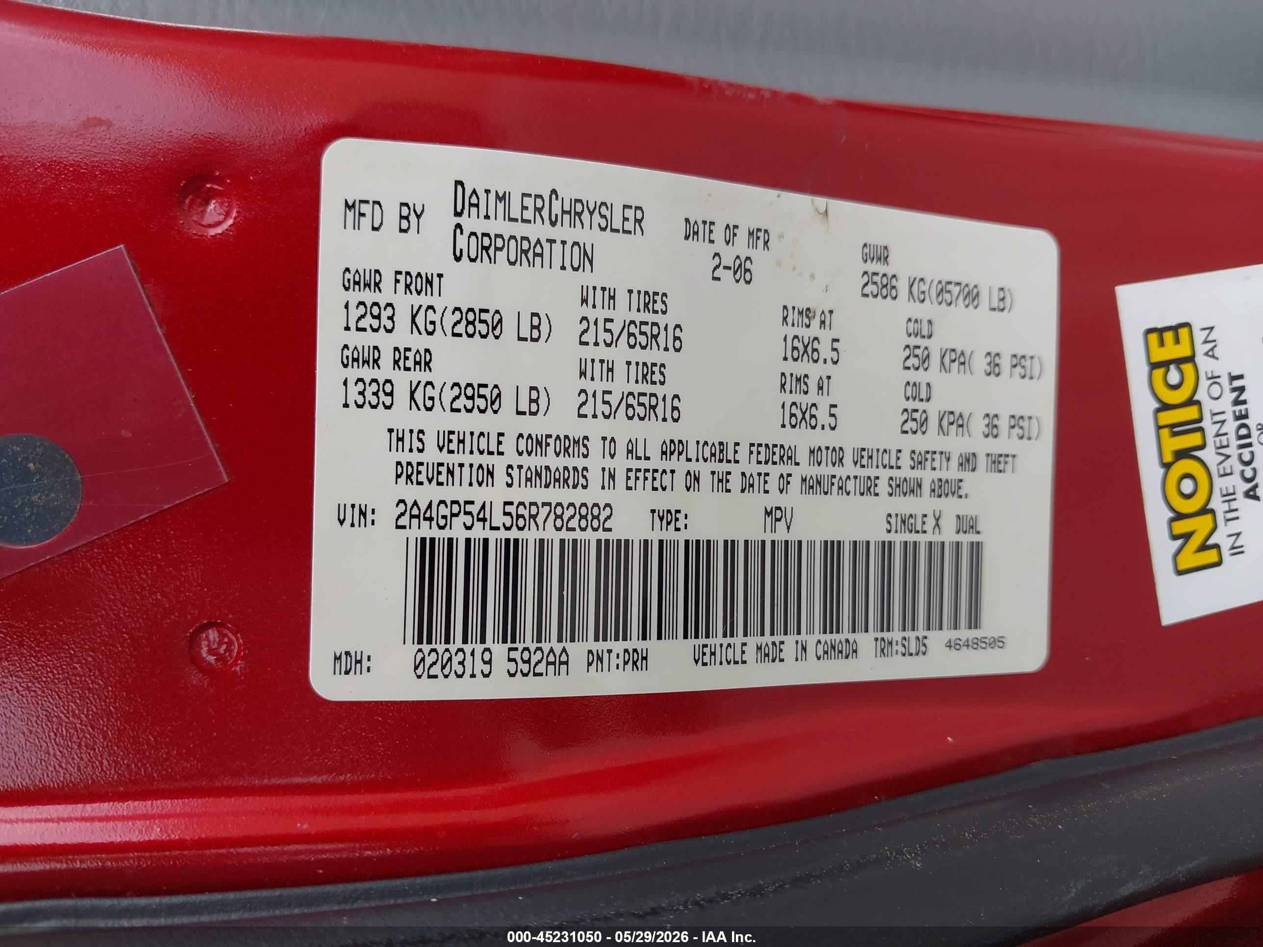 2006 Chrysler Town & Country Touring Red vin: 2A4GP54L56R782882