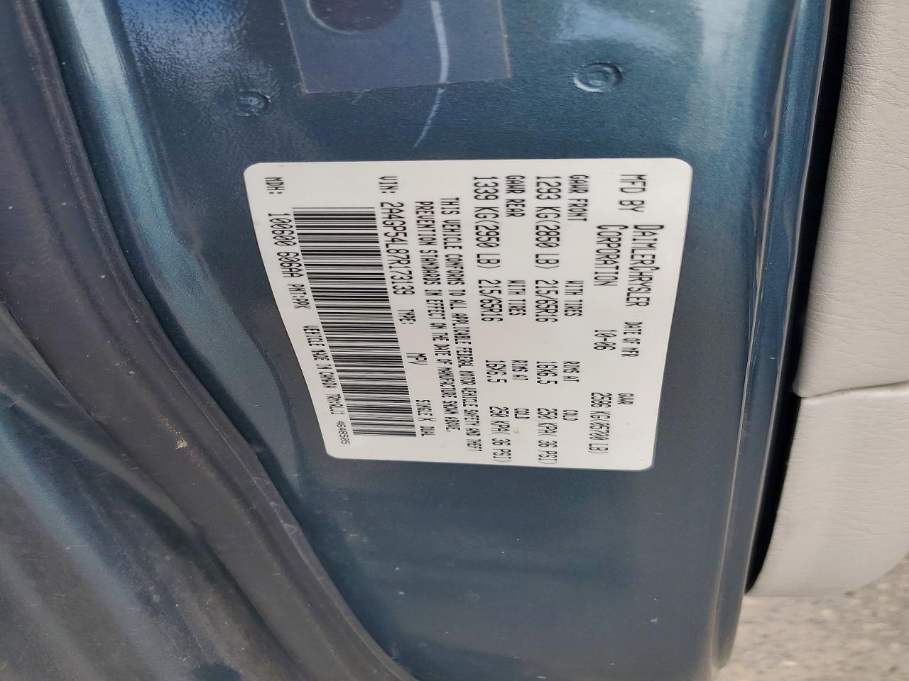 2007 Chrysler Town & Country Touring Blue vin: 2A4GP54L87R173139