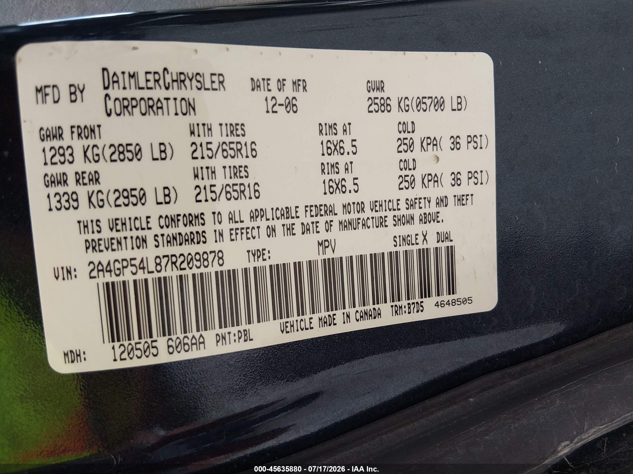 2007 Chrysler Town & Country Touring Синий vin: 2A4GP54L87R209878