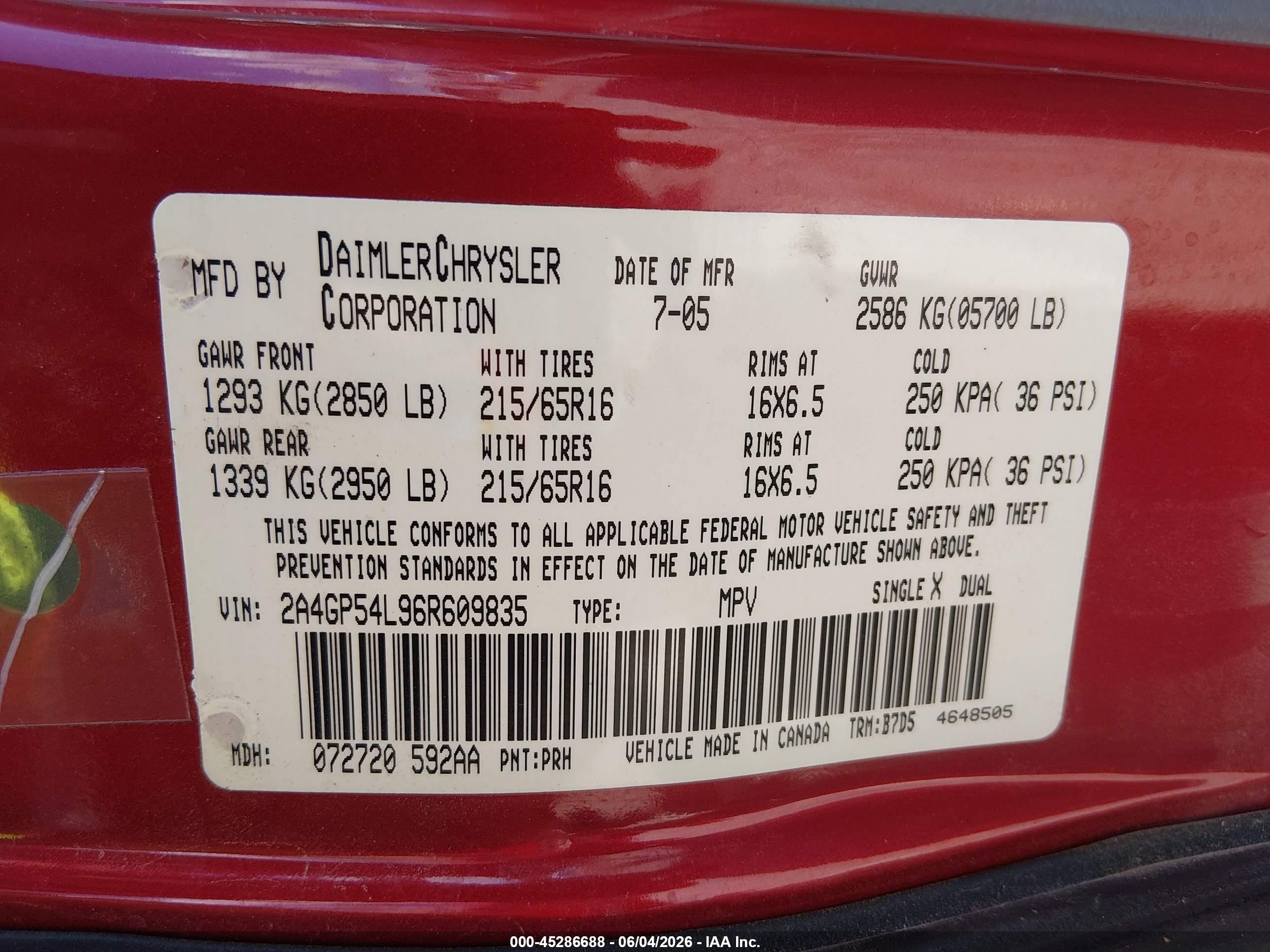 2006 Chrysler Town & Country Touring Red vin: 2A4GP54L96R609835