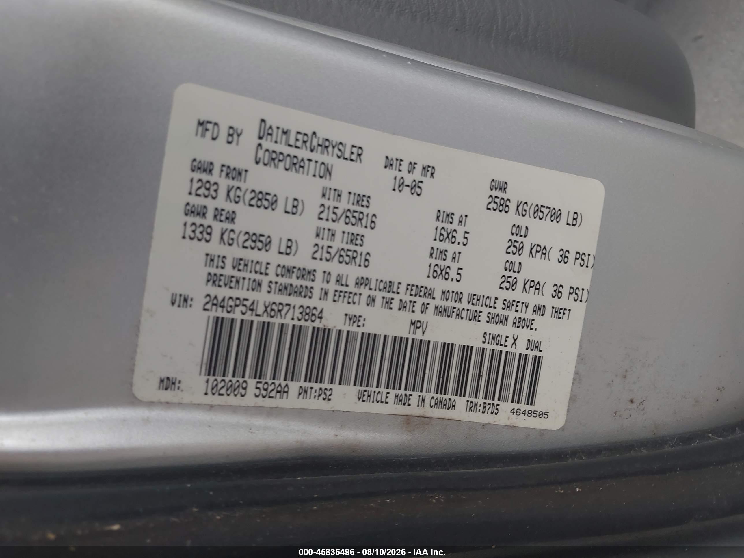 2006 Chrysler Town & Country Touring Серебряный vin: 2A4GP54LX6R713864