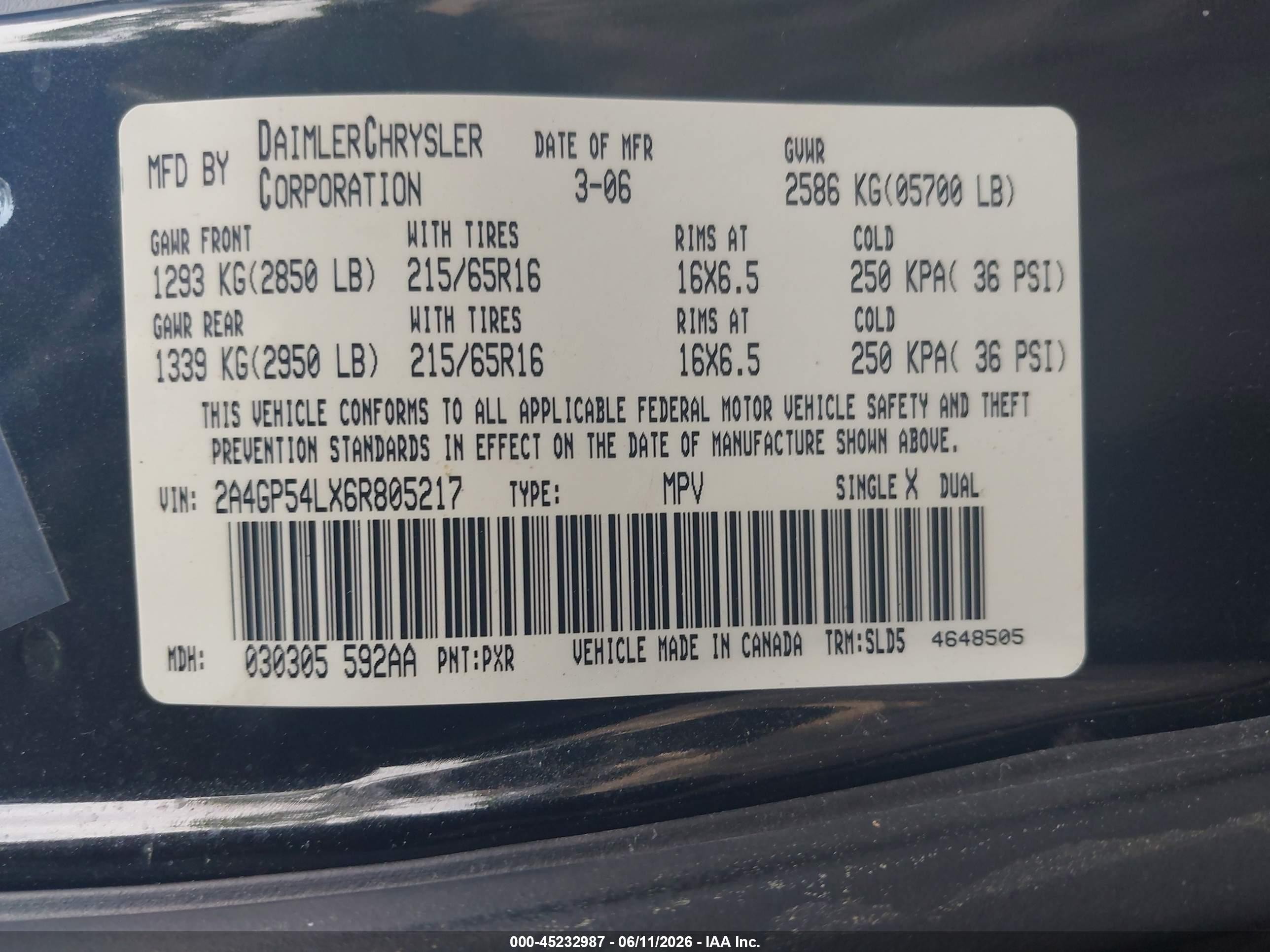 2006 Chrysler Town & Country Touring Серый vin: 2A4GP54LX6R805217