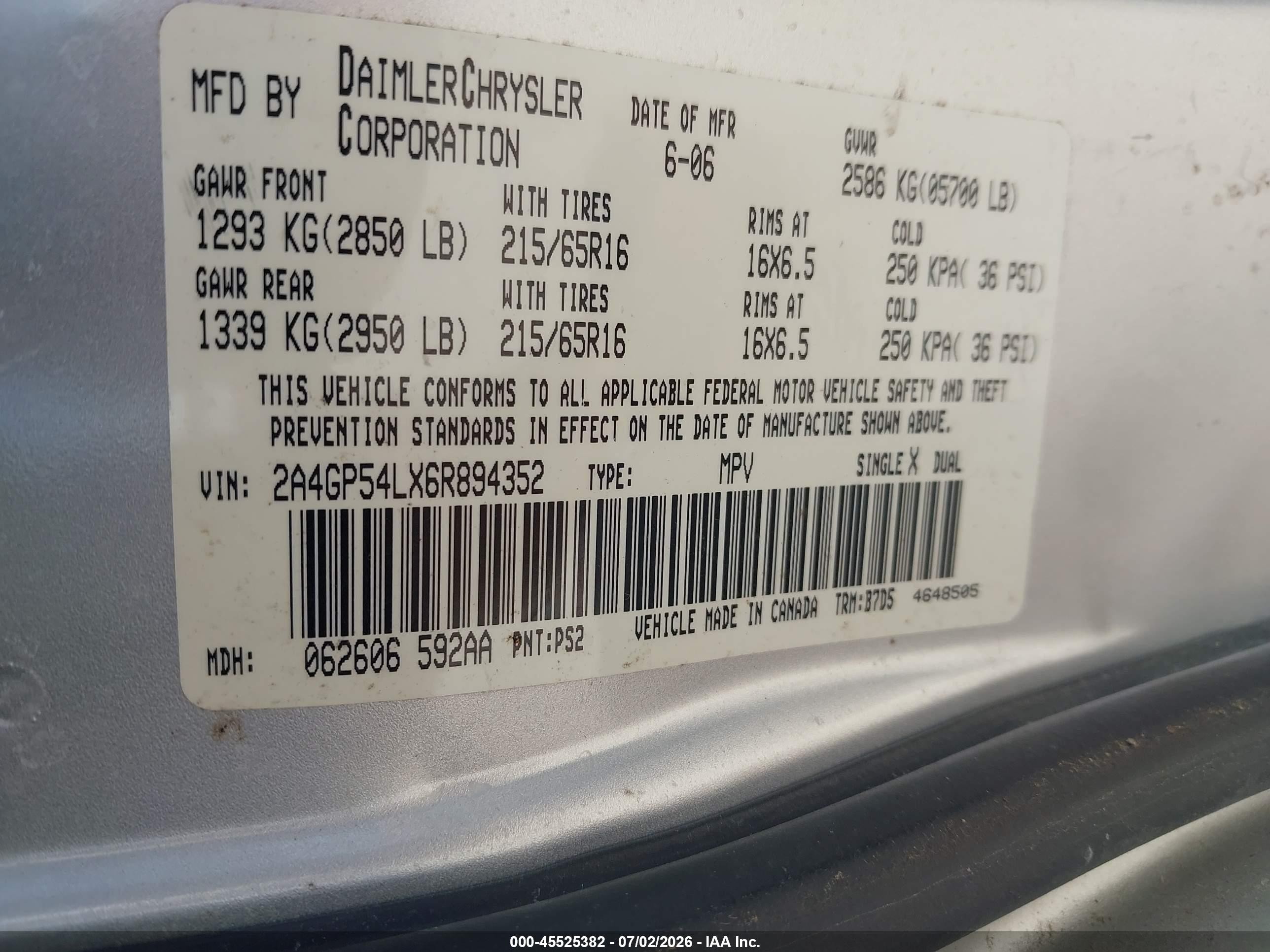 2006 Chrysler Town & Country Touring Серебряный vin: 2A4GP54LX6R894352