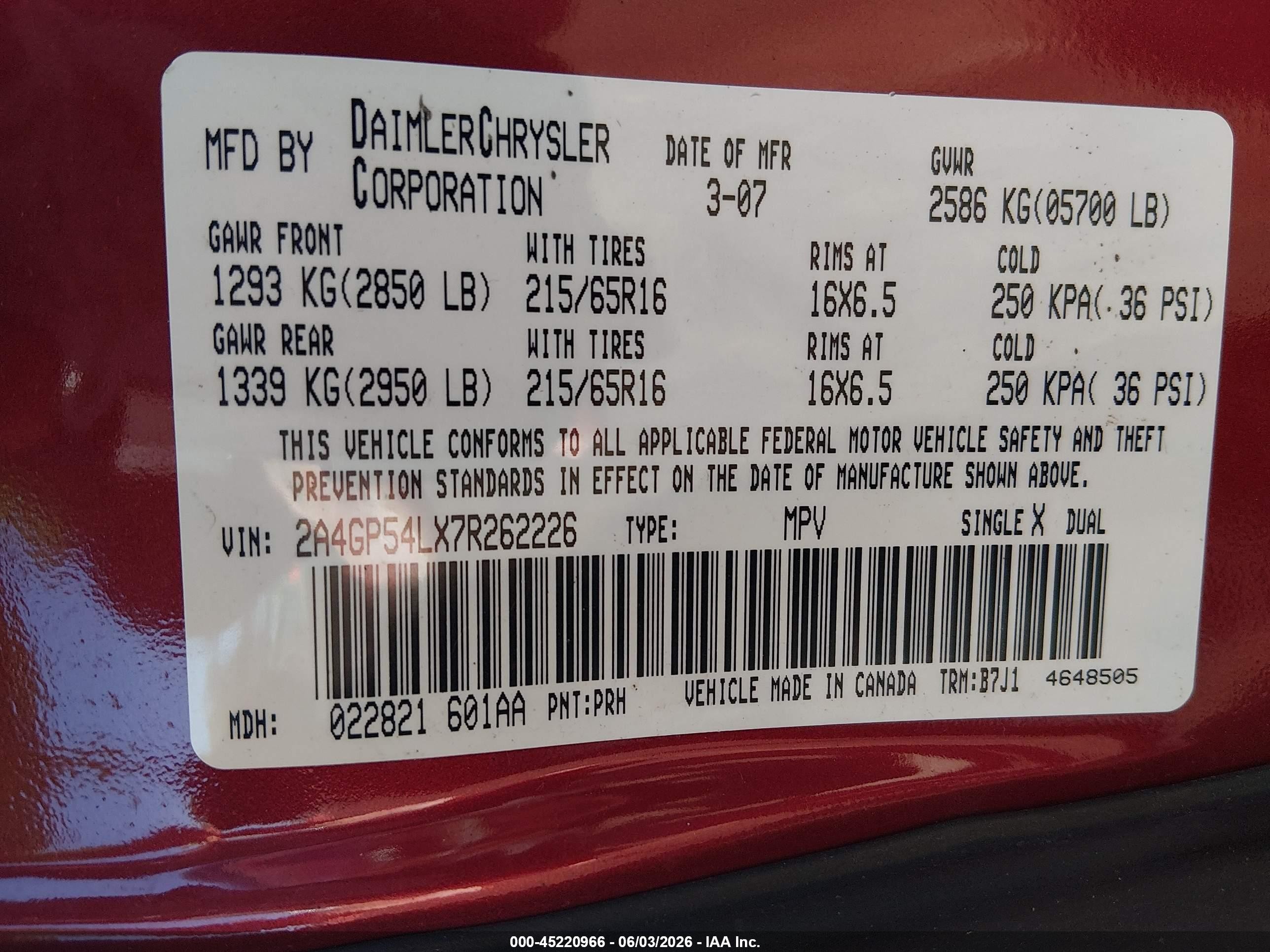 2007 Chrysler Town & Country Touring Red vin: 2A4GP54LX7R262226