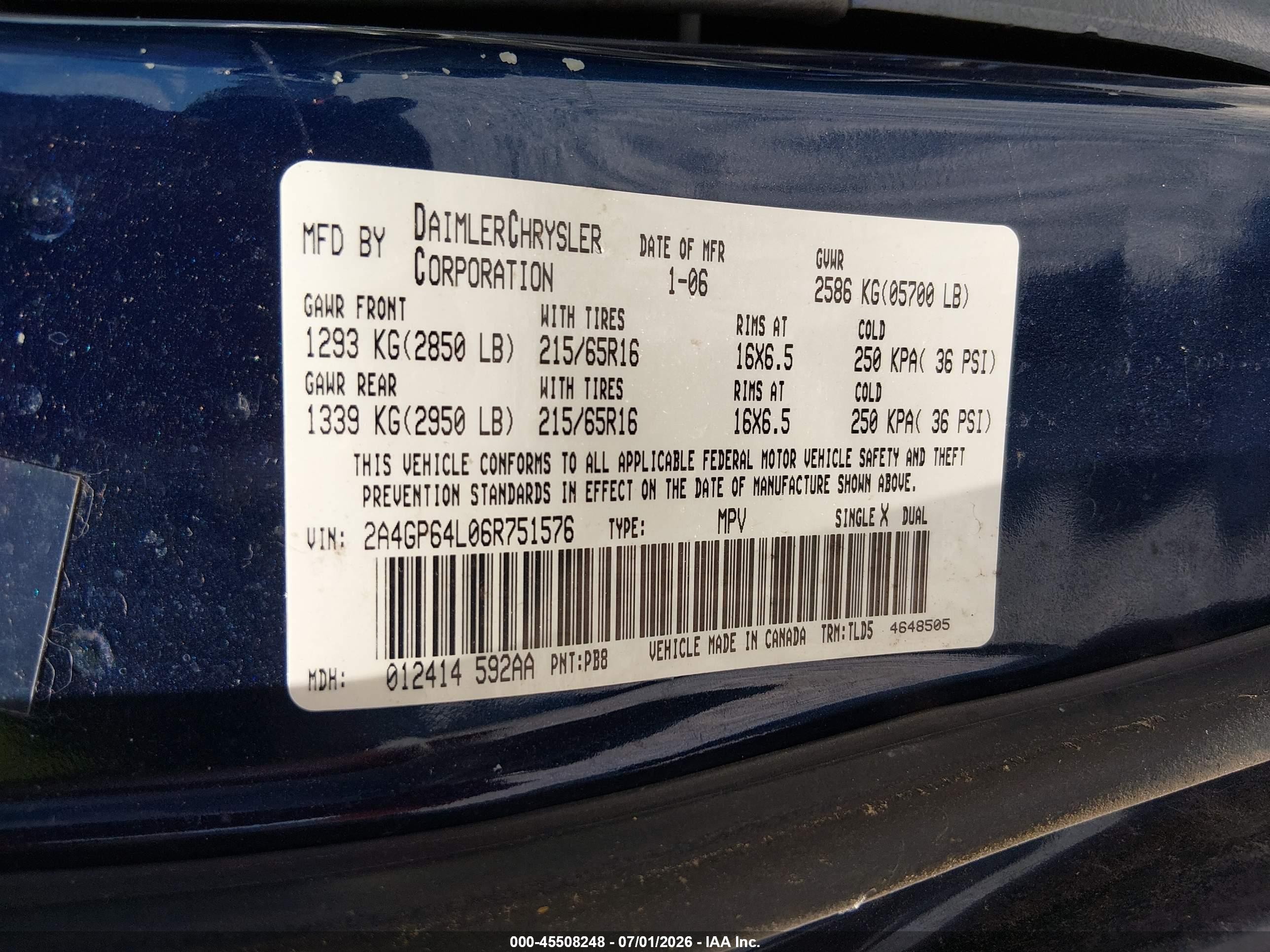 2006 Chrysler Town & Country Limited Blue vin: 2A4GP64L06R751576