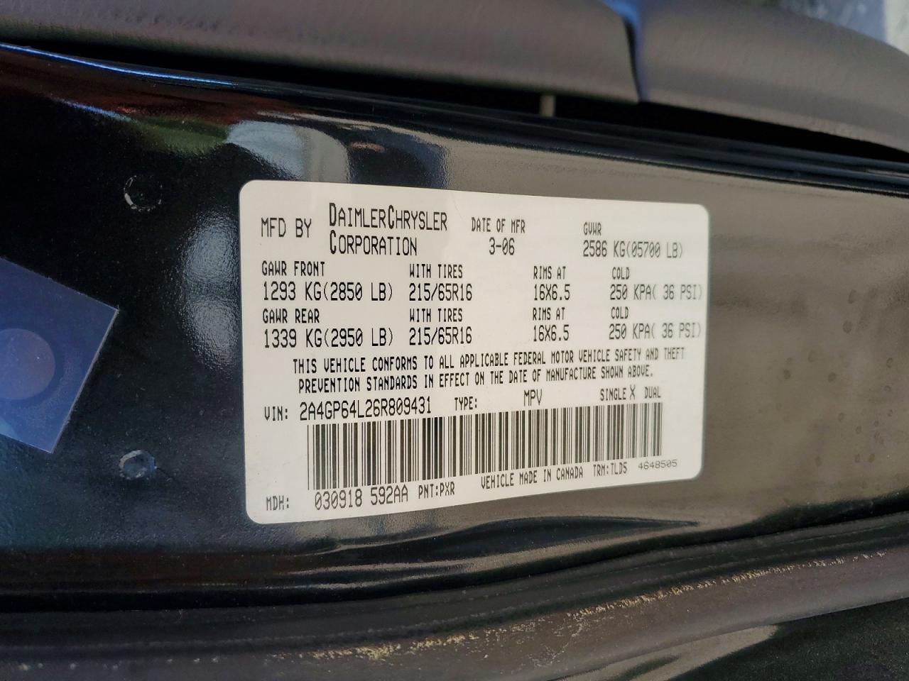2006 Chrysler Town & Country Limited Black vin: 2A4GP64L26R809431