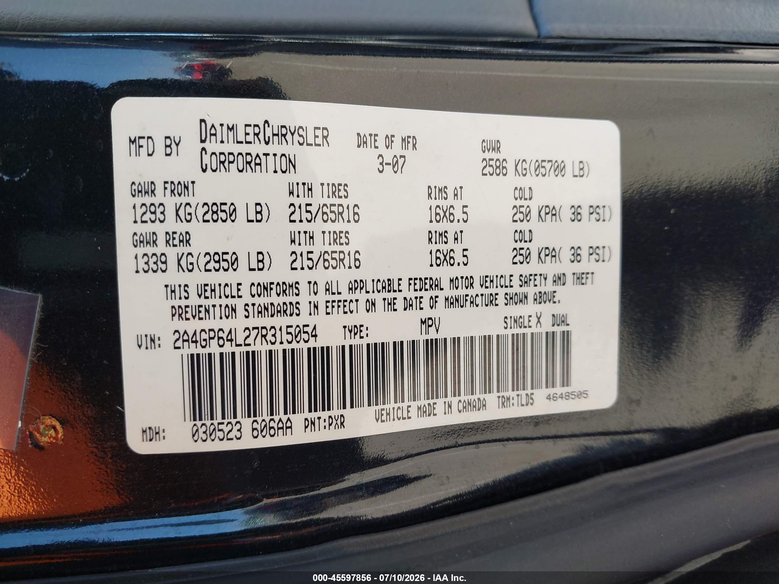 2007 Chrysler Town & Country Limited Black vin: 2A4GP64L27R315054