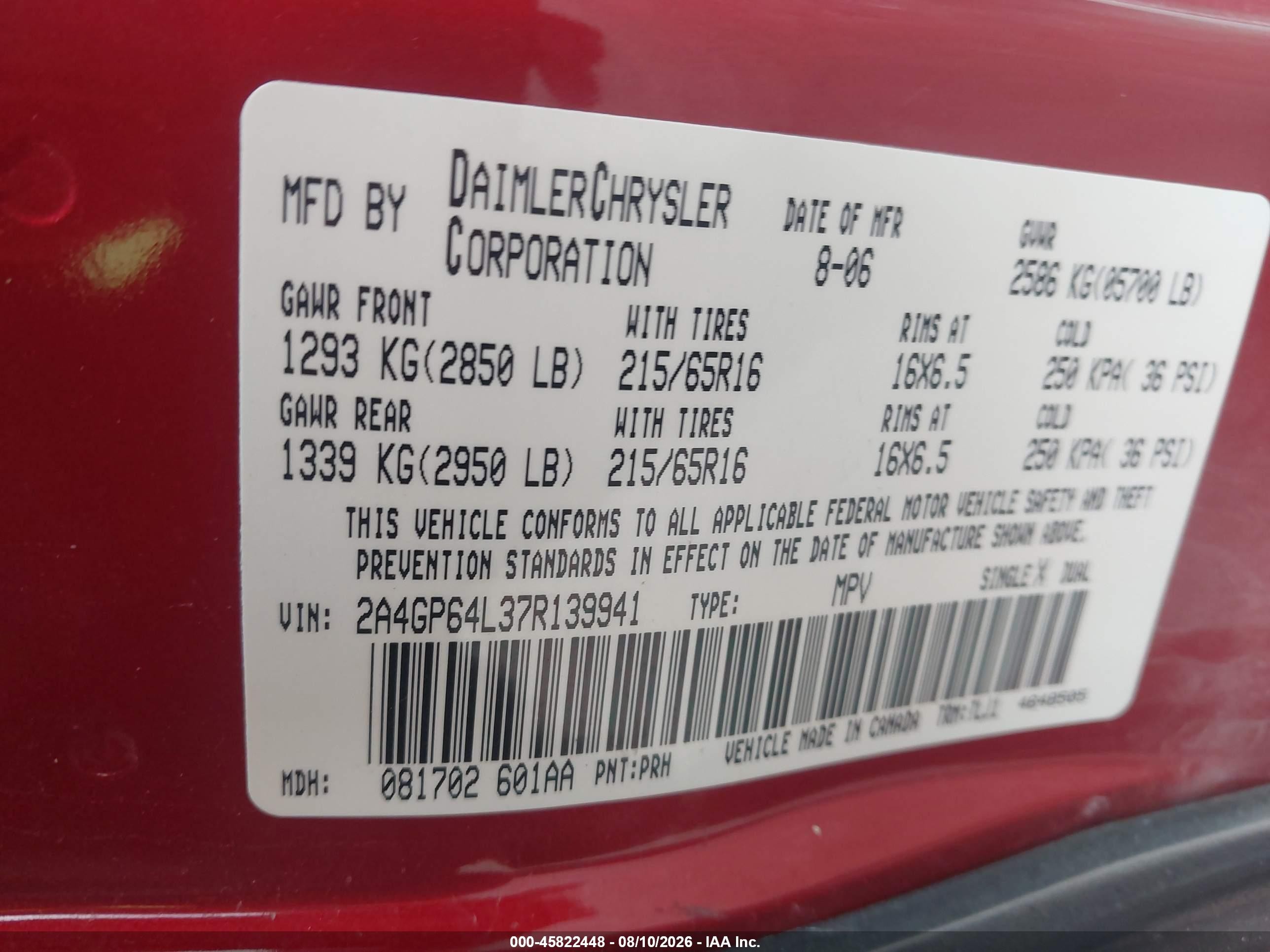 2007 Chrysler Town & Country Limited Red vin: 2A4GP64L37R139941