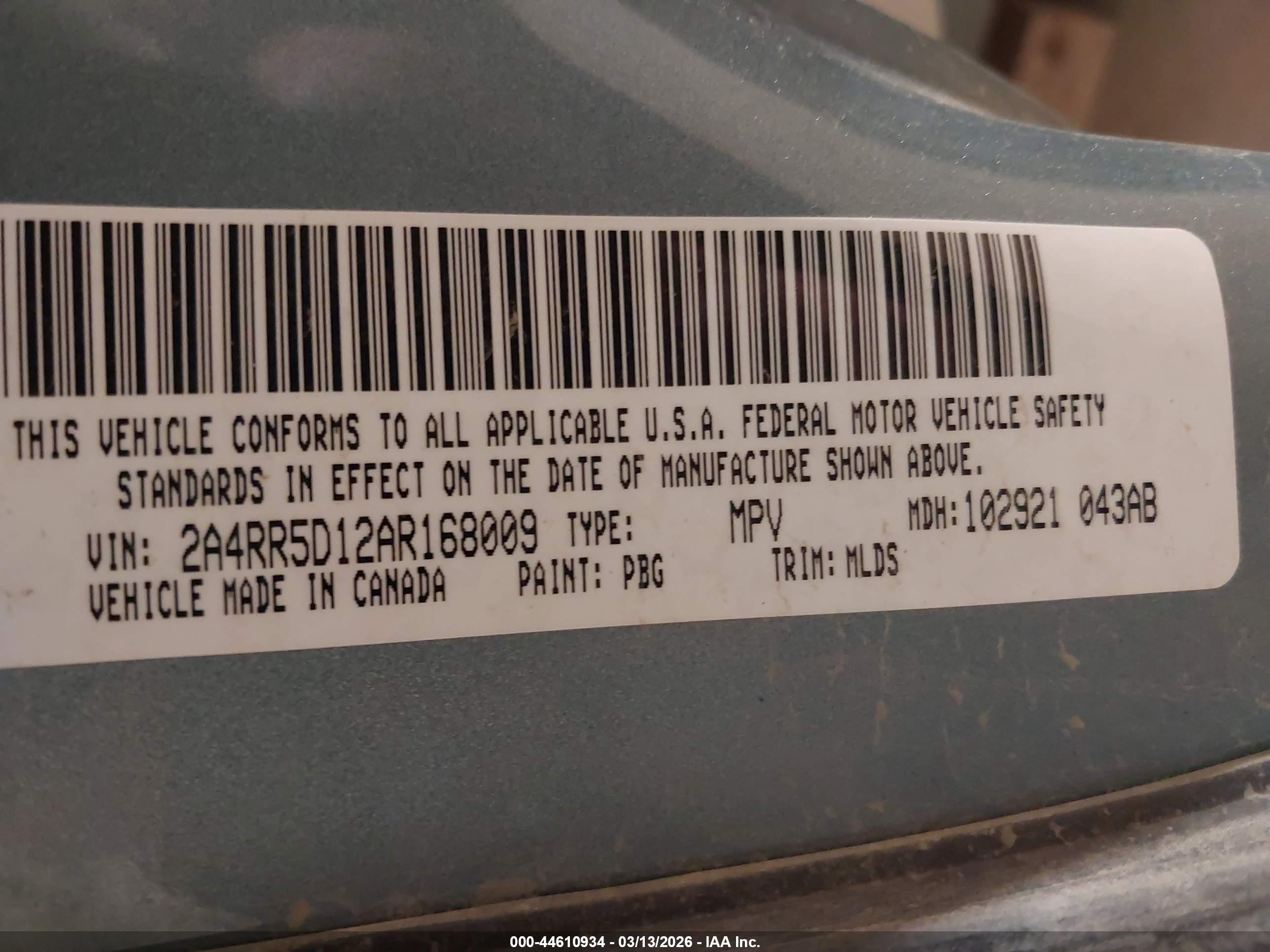 2010 Chrysler Town & Country Touring Light Blue vin: 2A4RR5D12AR168009