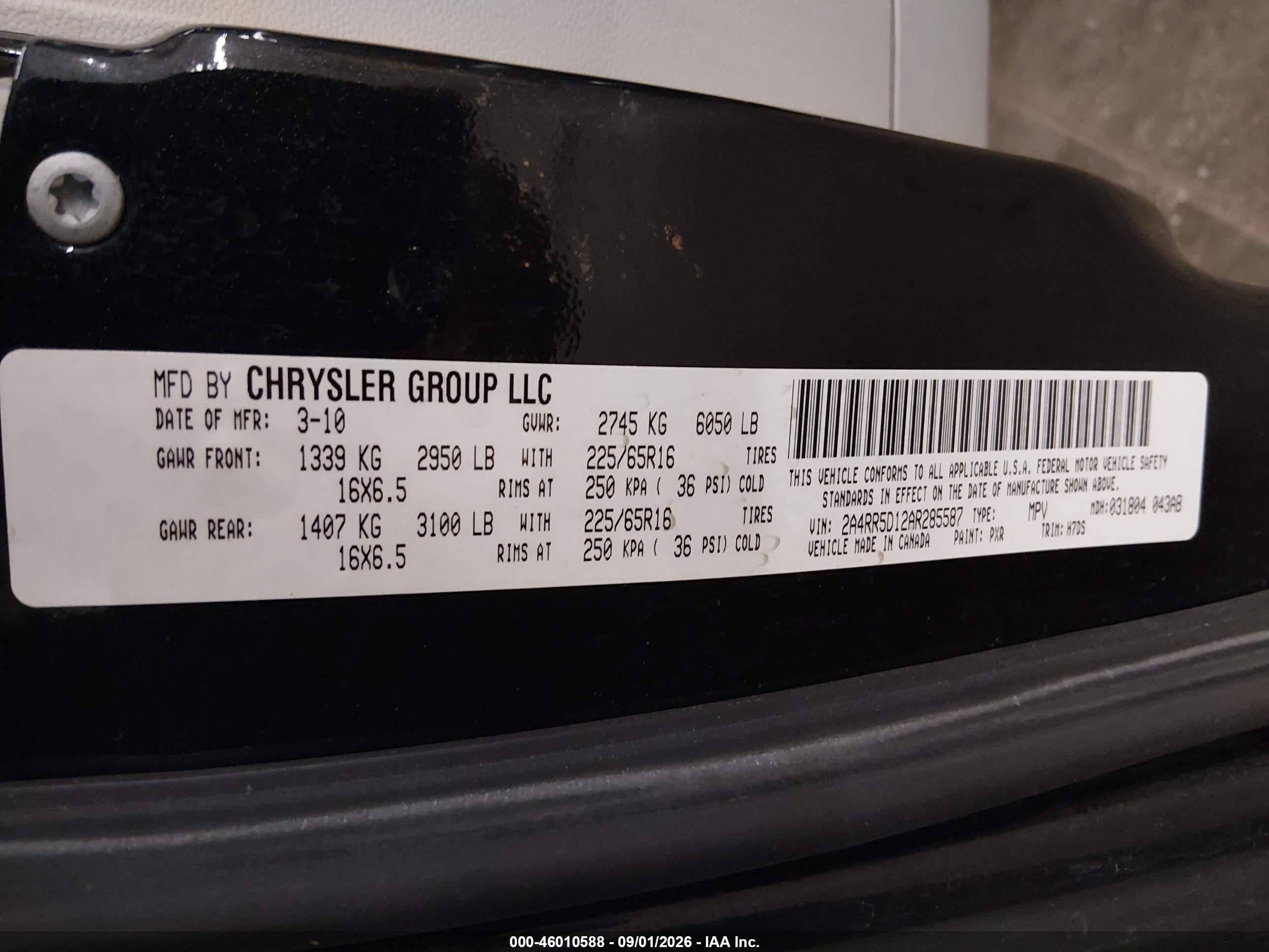 2010 Chrysler Town & Country Touring Black vin: 2A4RR5D12AR285587