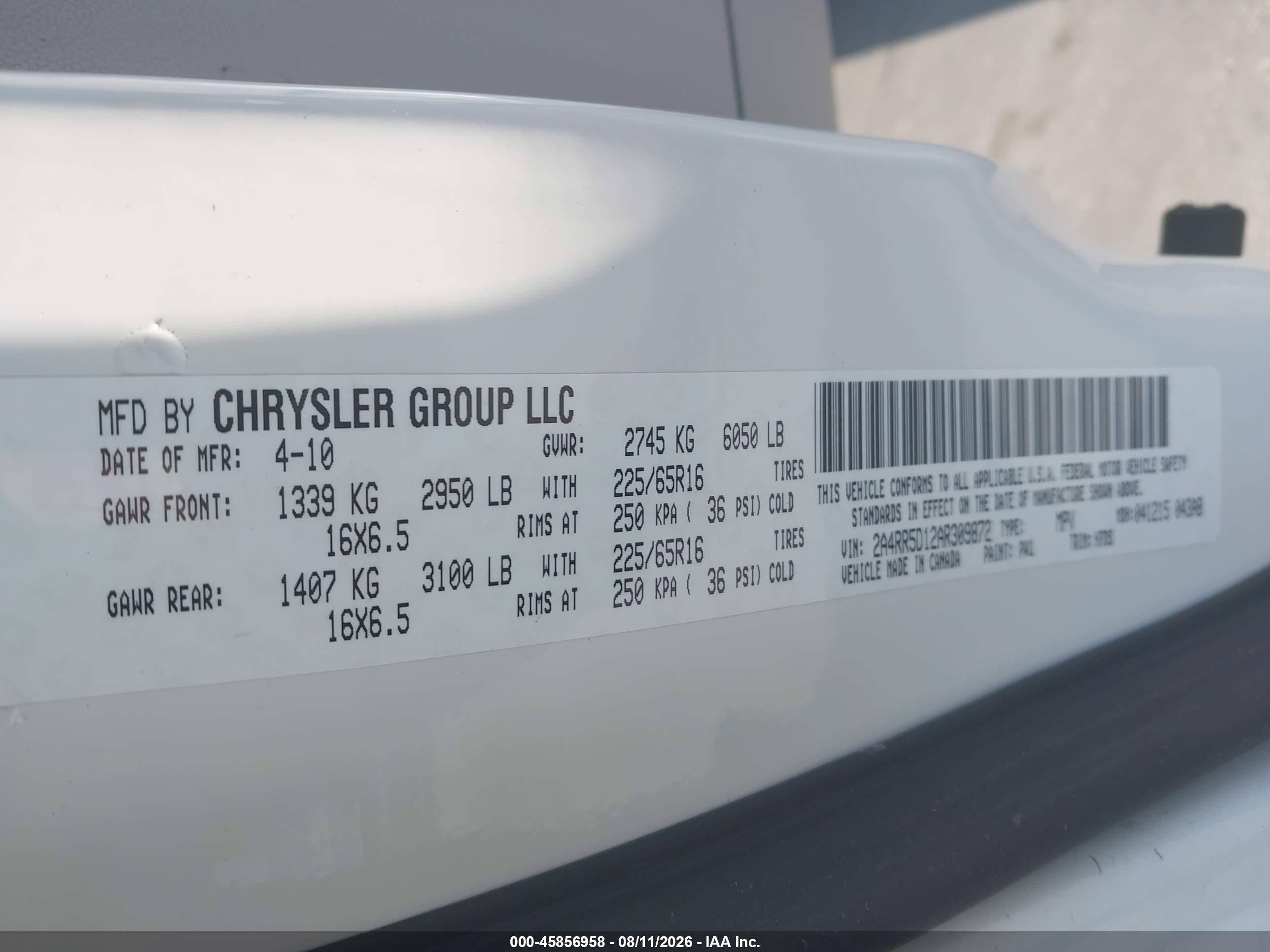2010 Chrysler Town & Country Touring White vin: 2A4RR5D12AR309872