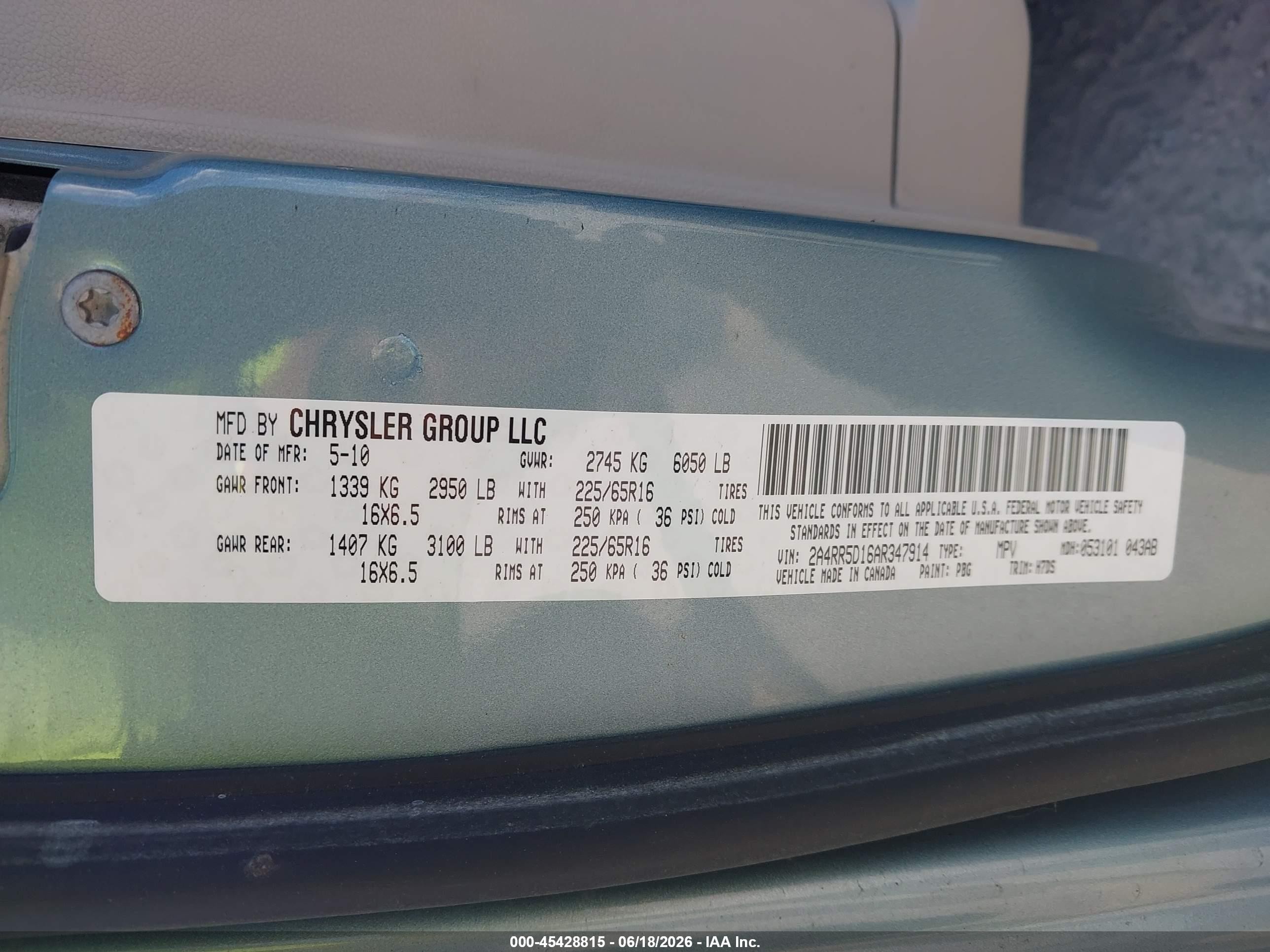 2010 Chrysler Town & Country Touring Teal vin: 2A4RR5D16AR347914