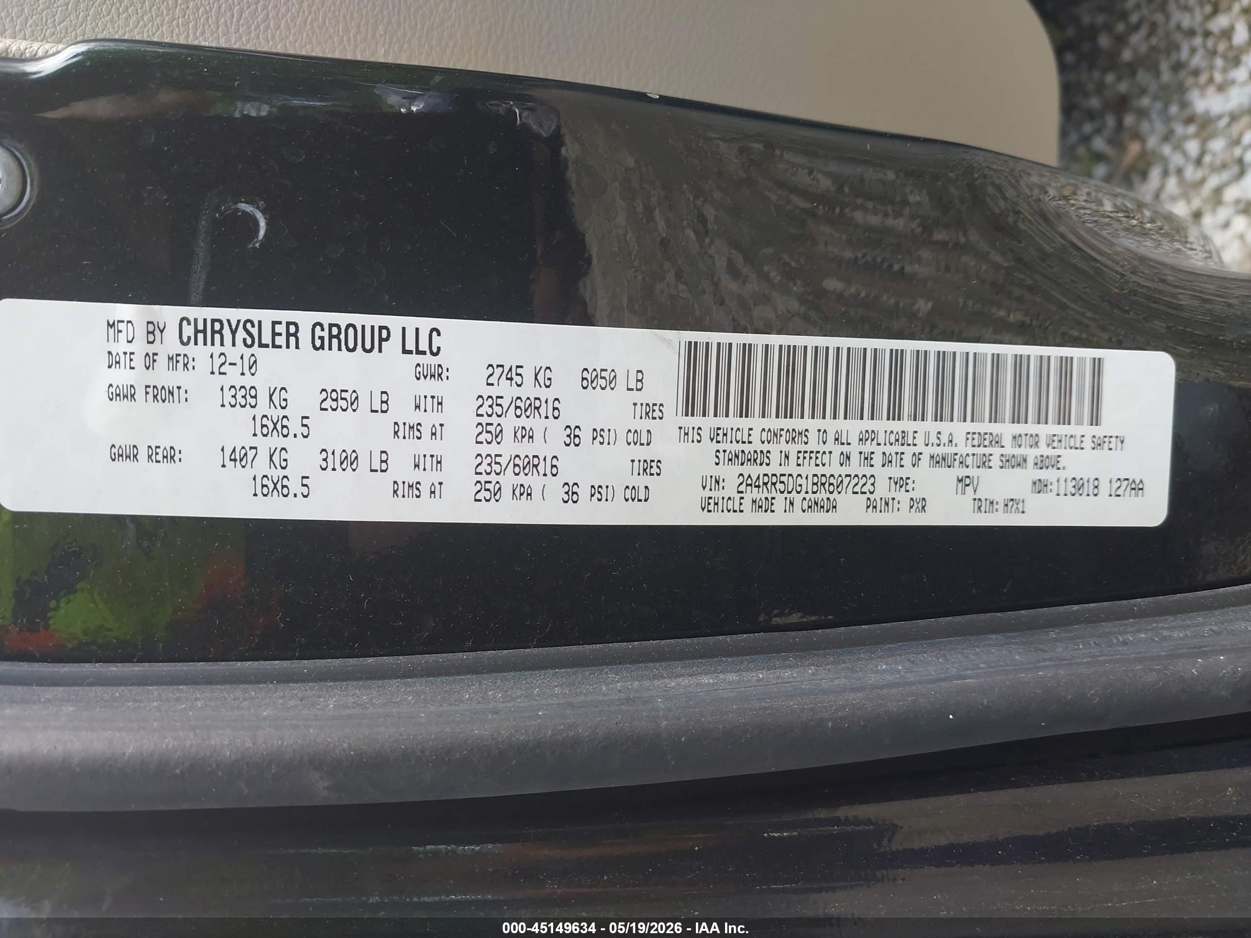 2011 Chrysler Town & Country Touring Black vin: 2A4RR5DG1BR607223