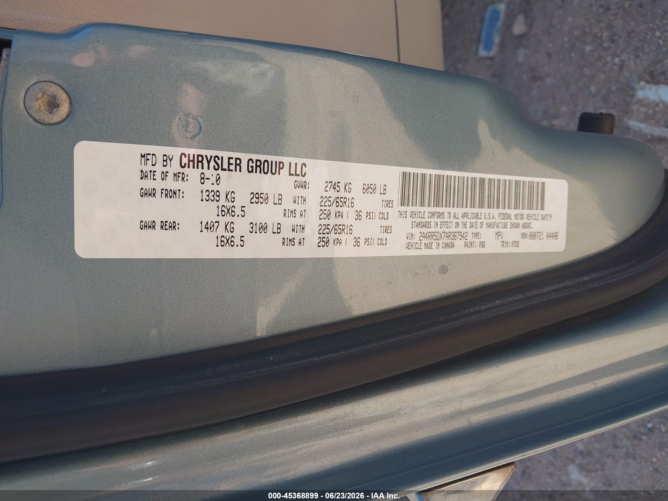 2010 Chrysler Town & Country Touring Light Blue vin: 2A4RR5DX7AR387942