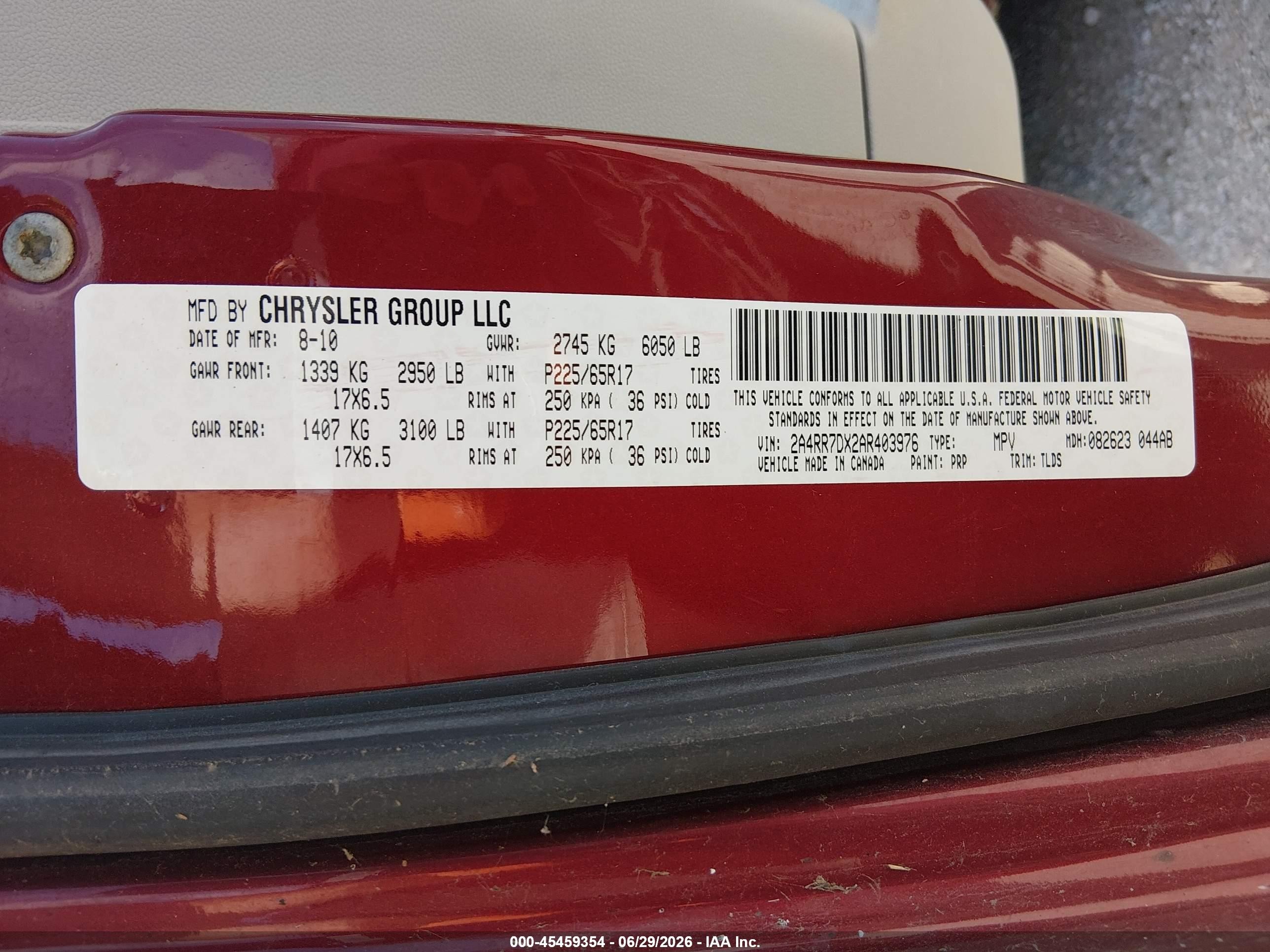 2010 Chrysler Town & Country New Limited Red vin: 2A4RR7DX2AR403976