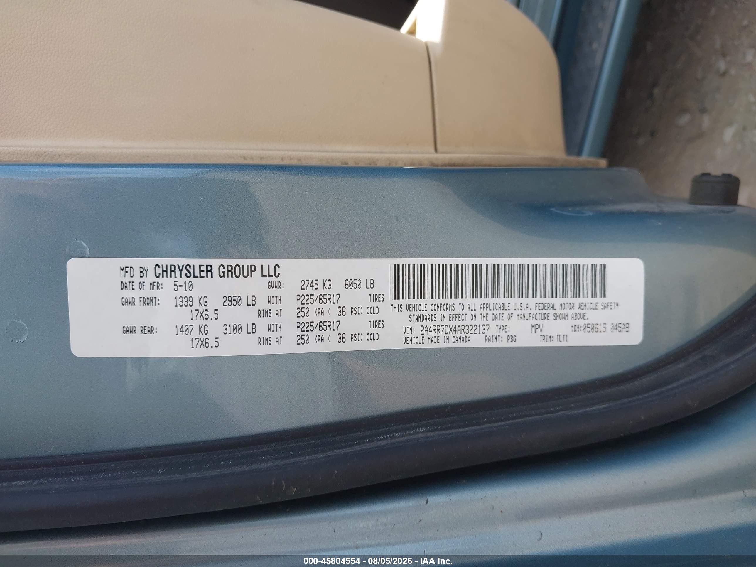 2010 Chrysler Town & Country New Limited Light Blue vin: 2A4RR7DX4AR322137