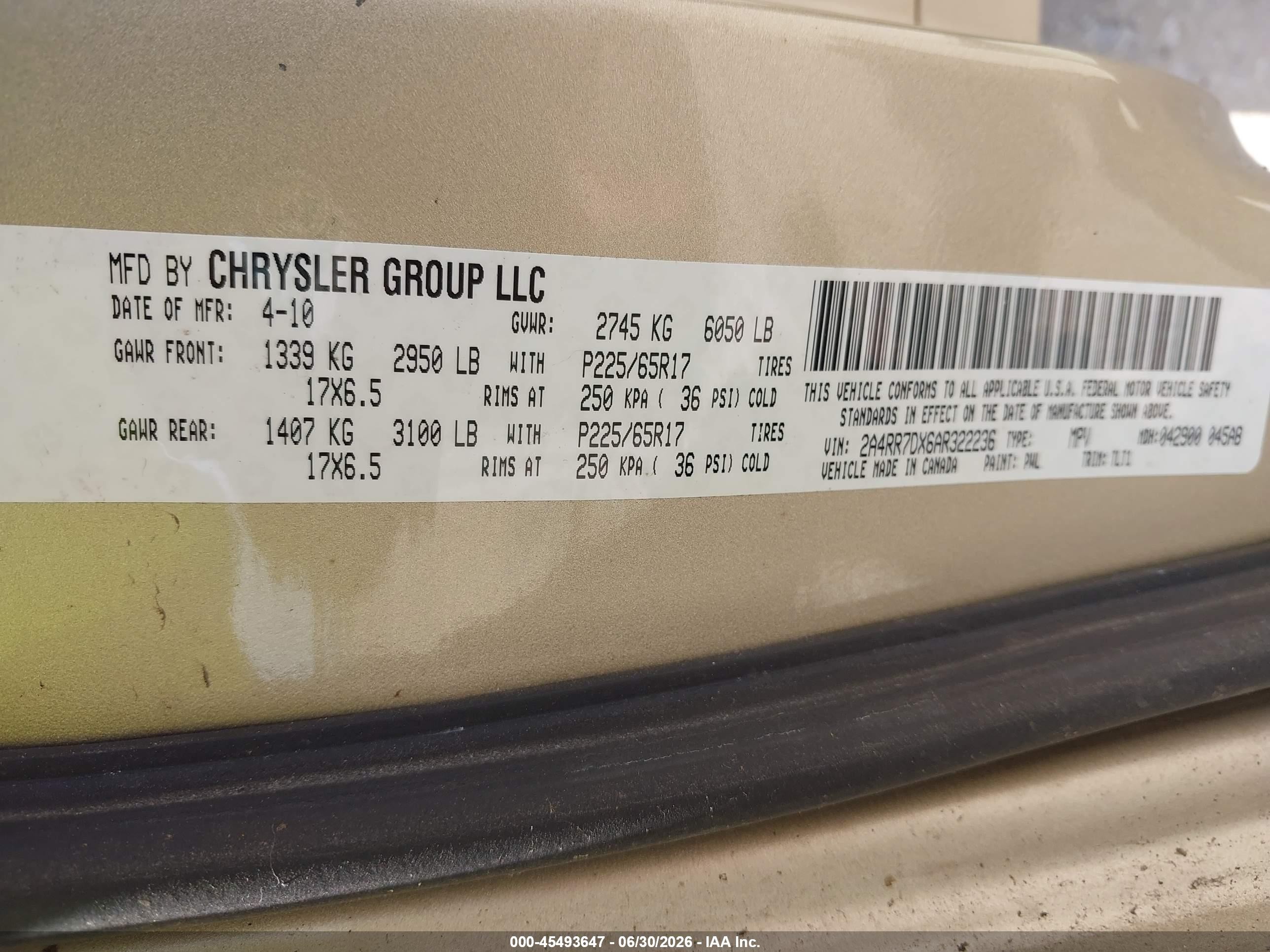 2010 Chrysler Town & Country New Limited Золотой vin: 2A4RR7DX6AR322236