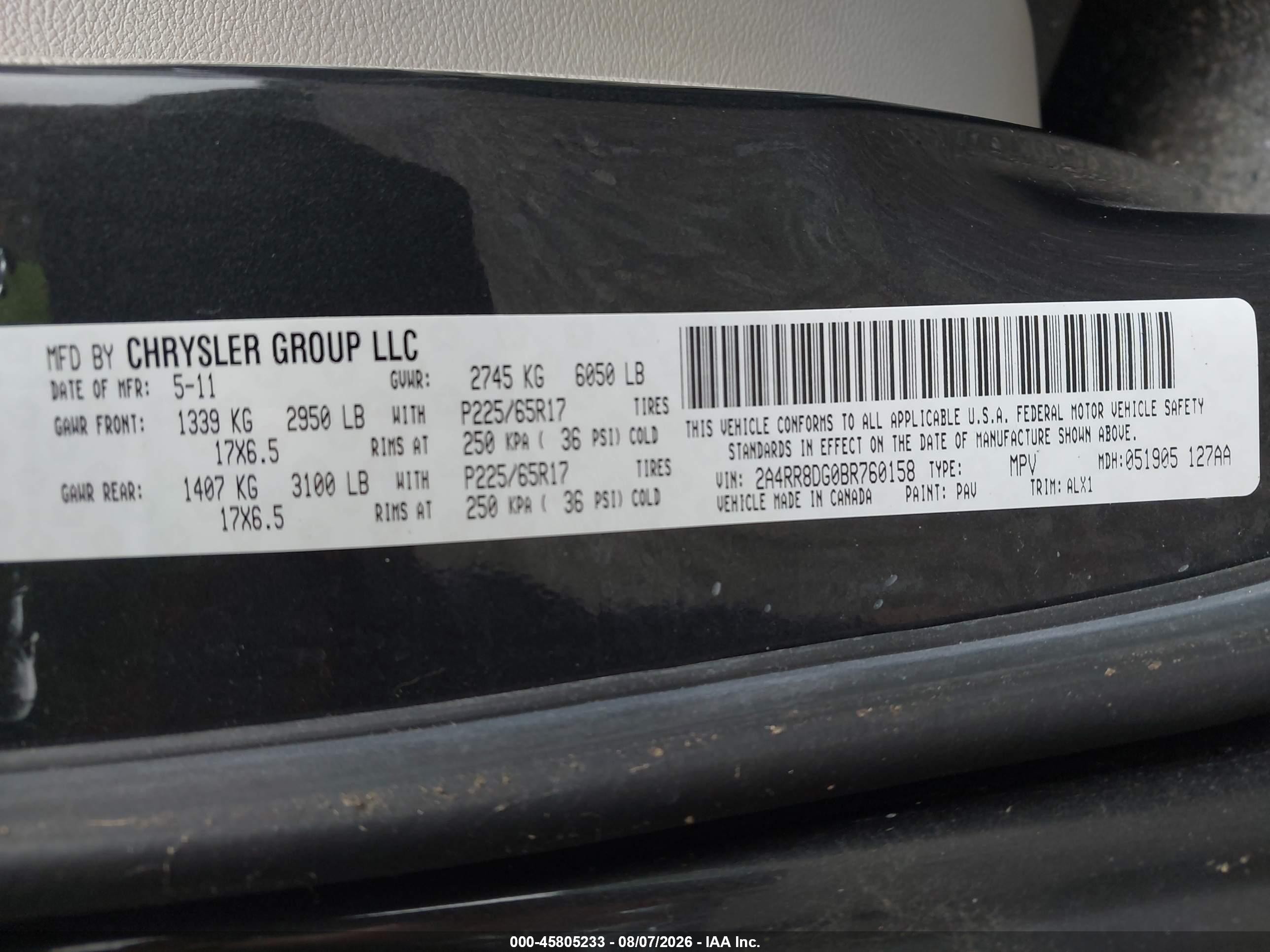2011 Chrysler Town & Country Touring-l Black vin: 2A4RR8DG0BR760158