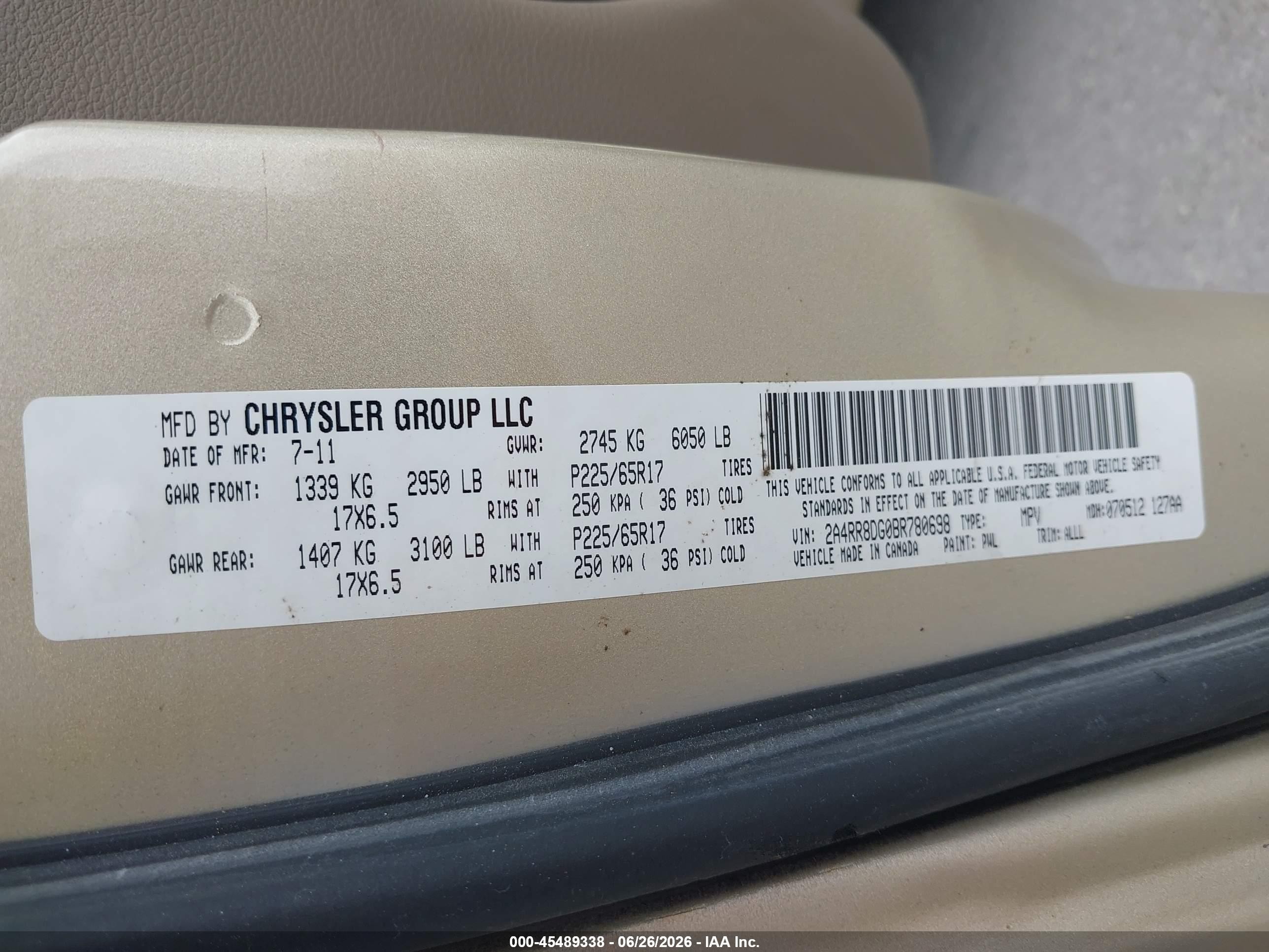 2011 Chrysler Town & Country Touring-l Beige vin: 2A4RR8DG0BR780698