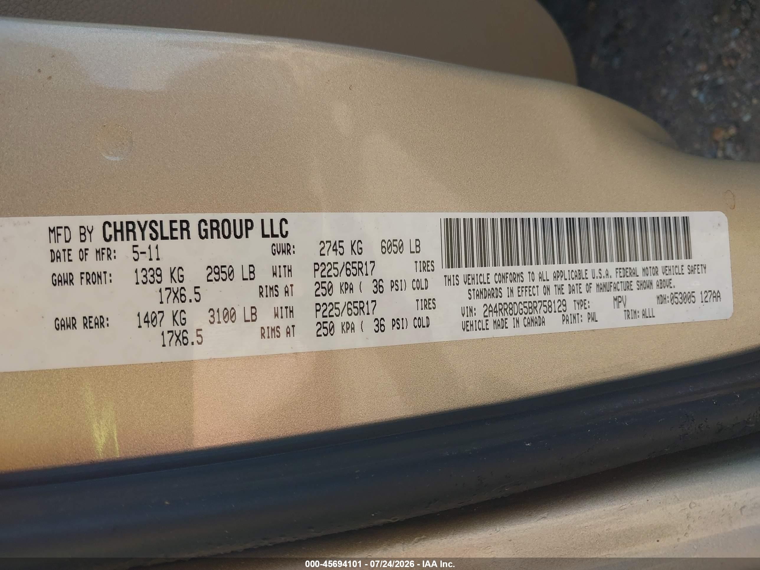 2011 Chrysler Town & Country Touring-l Tan vin: 2A4RR8DG5BR758129