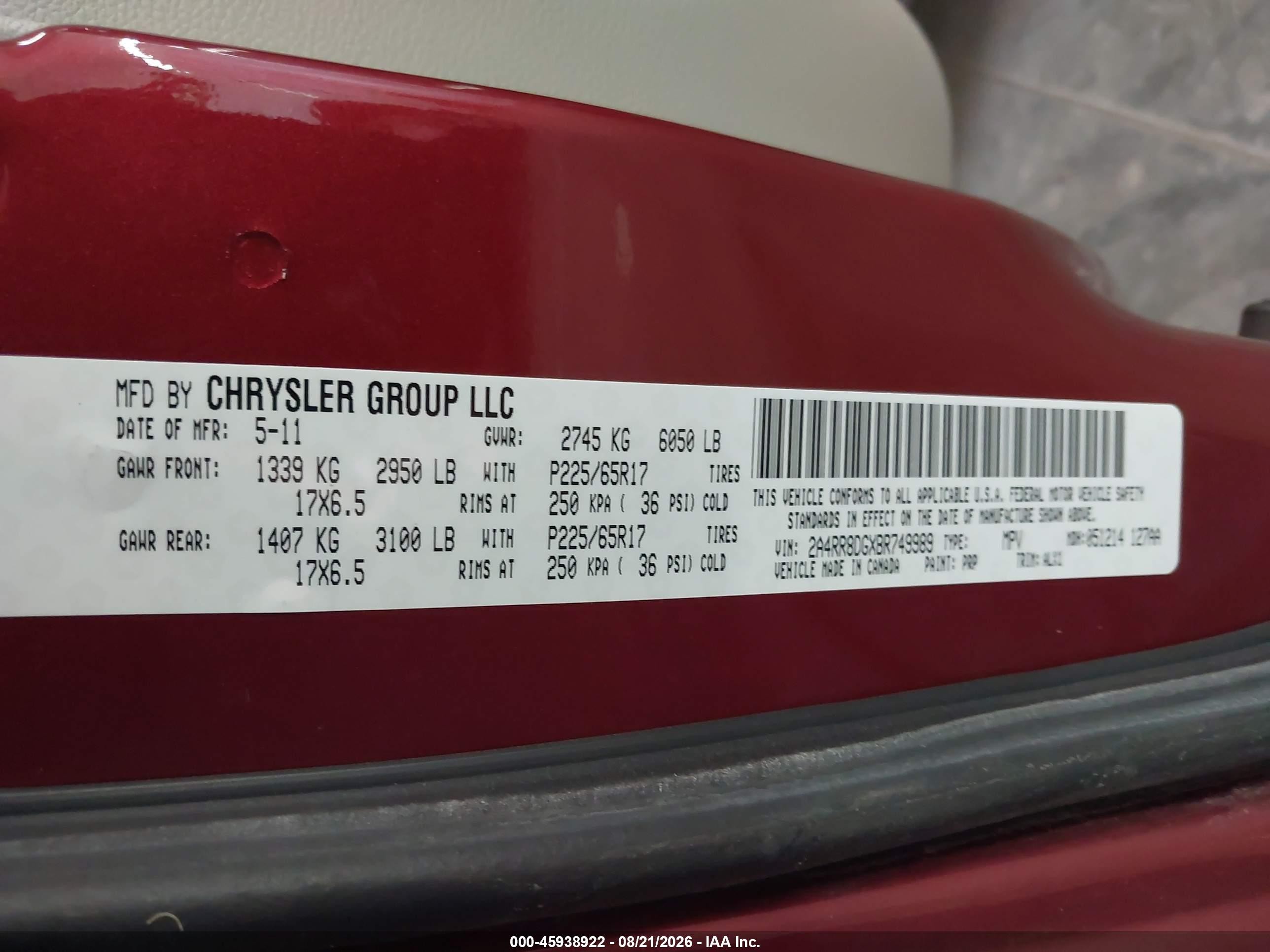 2011 Chrysler Town & Country Touring-l Красный vin: 2A4RR8DGXBR749989